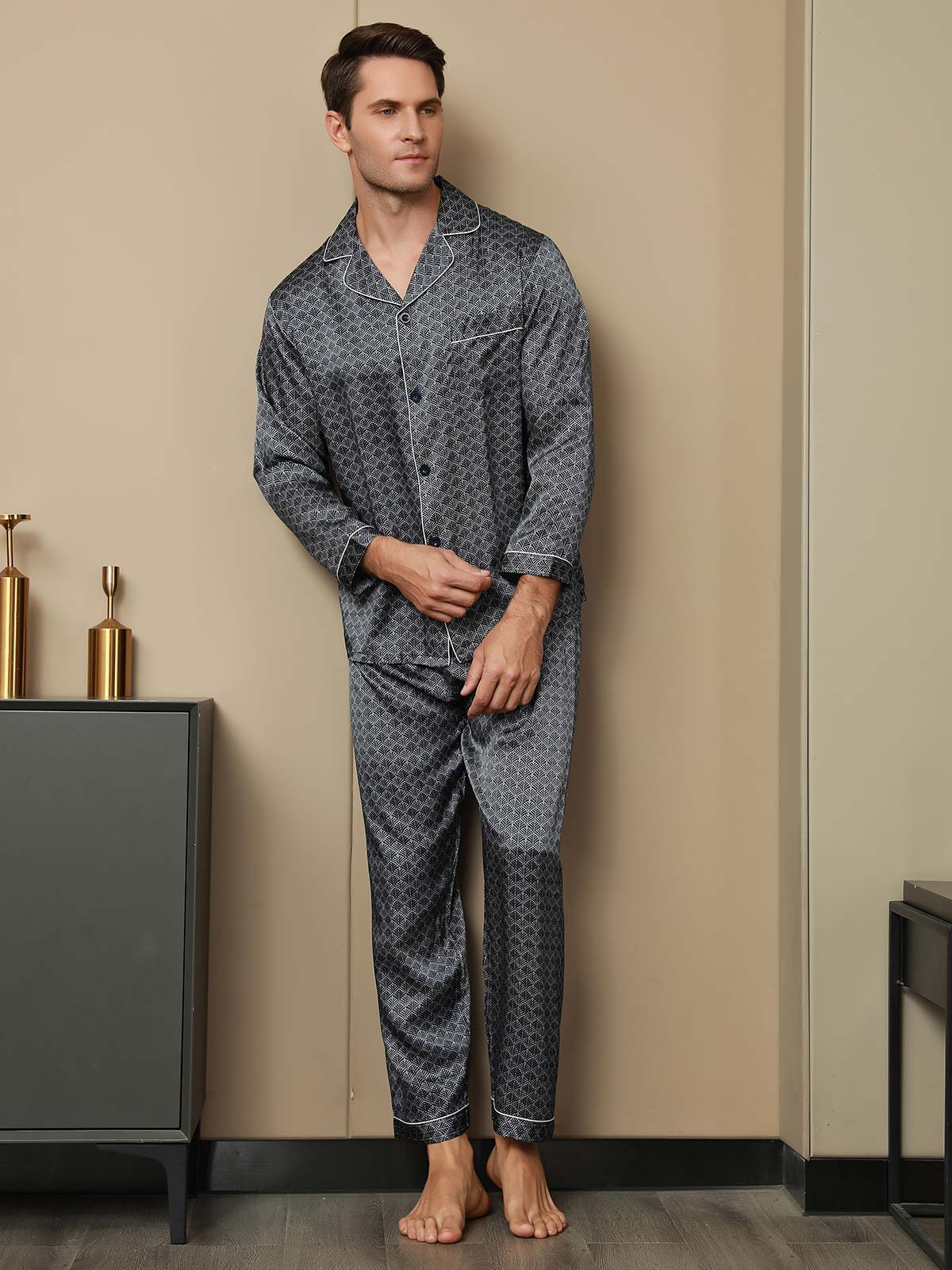 [Dark Blue] SilkSilky-UK 19Momme Pure Silk Long Sleeve Lapel Men's Pyjamas 004
