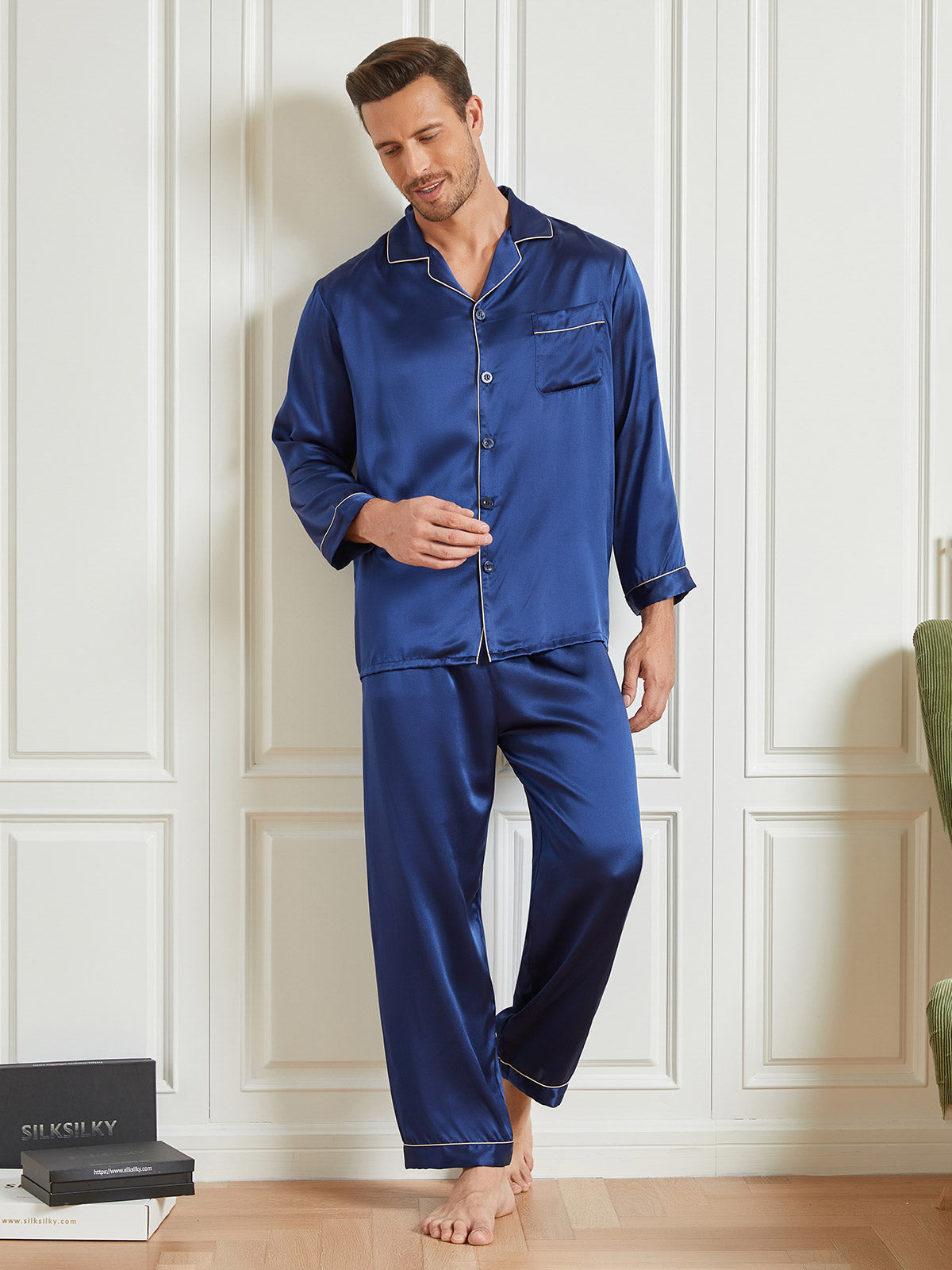 [Dark Blue] SilkSilky-UK 19Momme Pure Silk Long Sleeve Lapel Men's Pyjamas 005