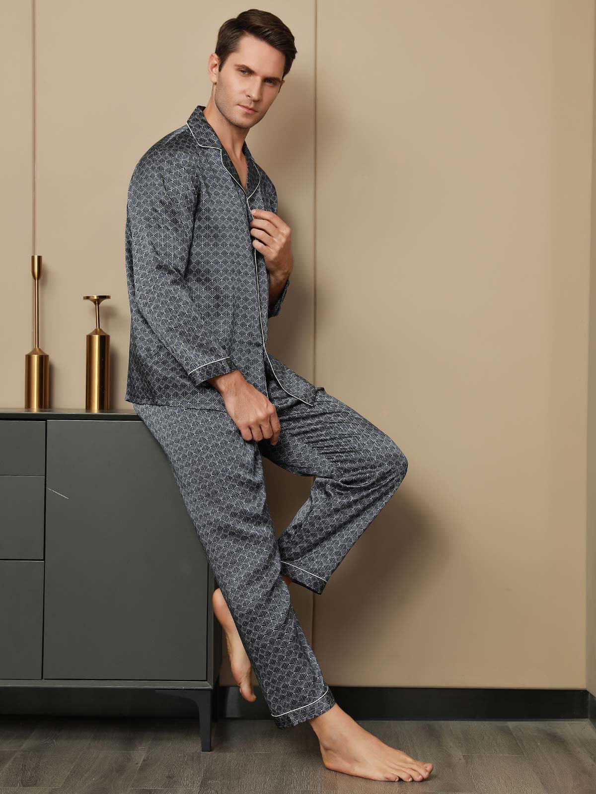 [Dark Blue] SilkSilky-UK 19Momme Pure Silk Long Sleeve Lapel Men's Pyjamas 005