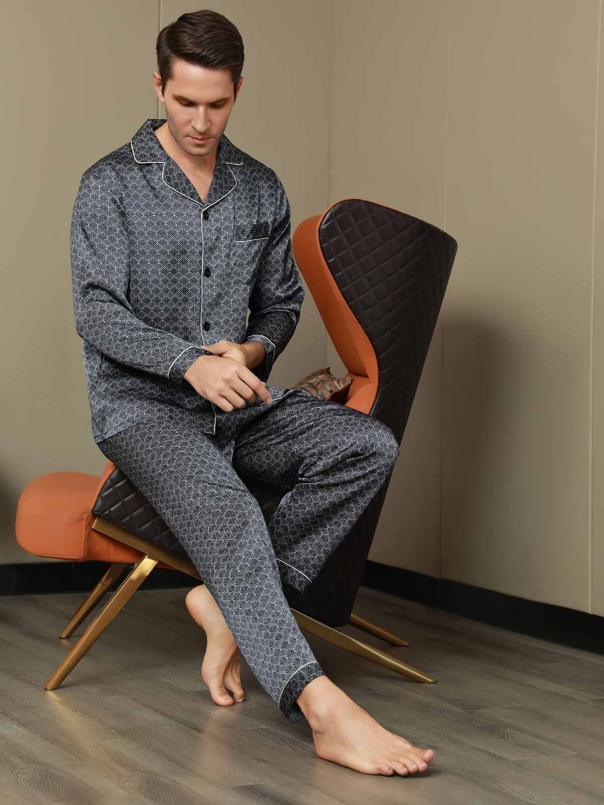 [Dark Blue] SilkSilky-UK 19Momme Pure Silk Long Sleeve Lapel Men's Pyjamas 006