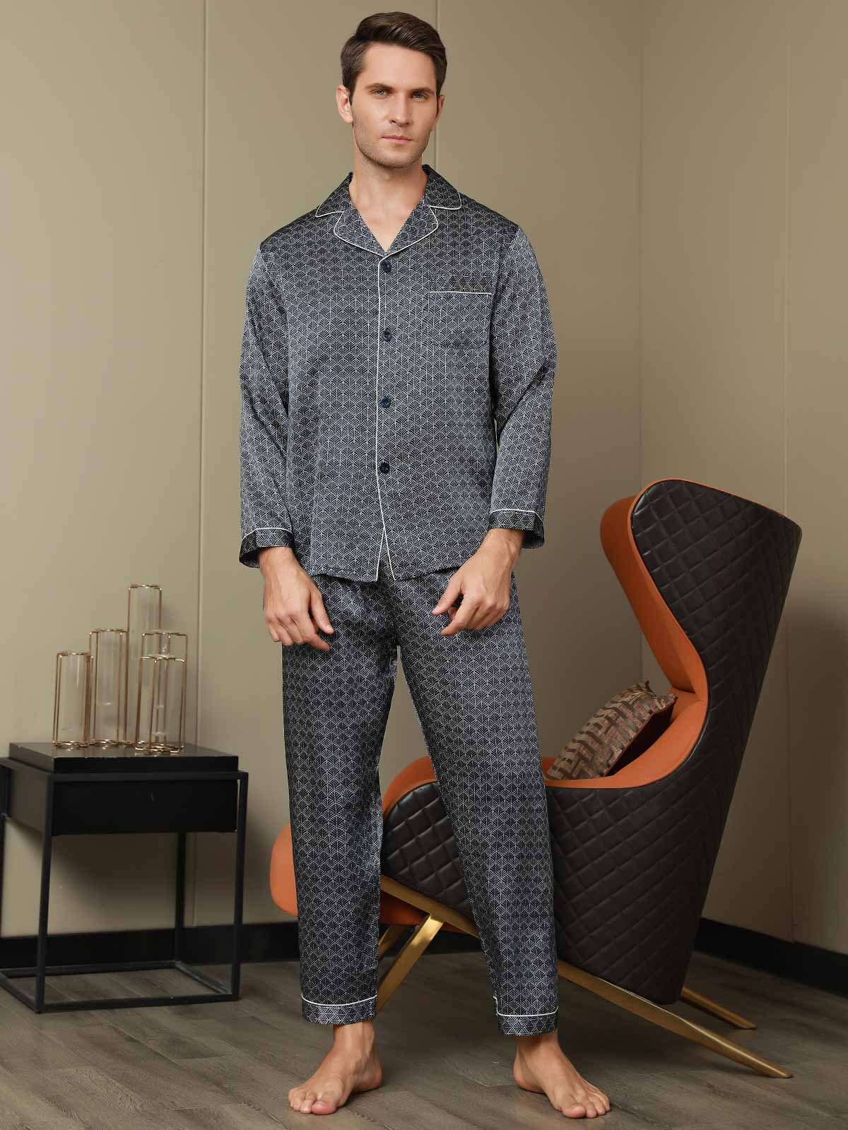 [Dark Blue] SilkSilky-UK 19Momme Pure Silk Long Sleeve Lapel Men's Pyjamas 007