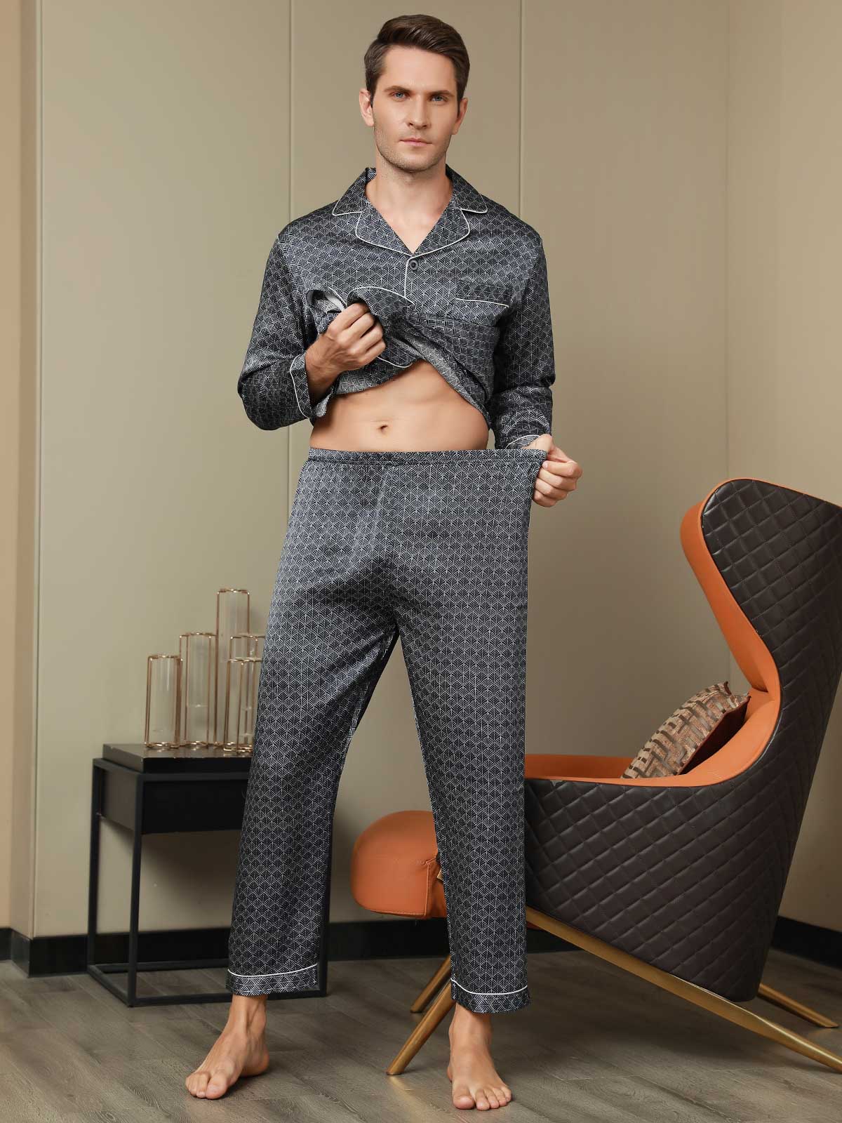 [Dark Blue] SilkSilky-UK 19Momme Pure Silk Long Sleeve Lapel Men's Pyjamas 008