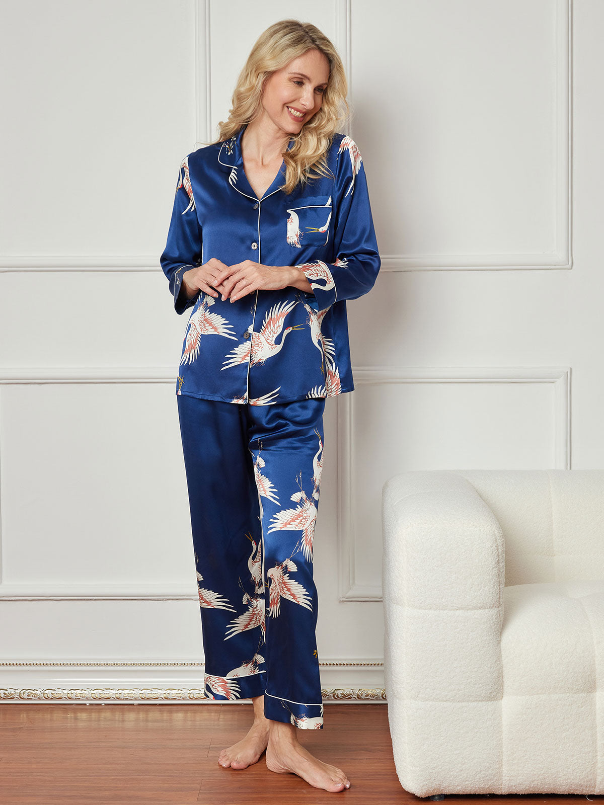 [Dark Blue] SilkSilky-UK 19Momme Pure Silk Long Sleeve Lapel Women's Pyjamas 004