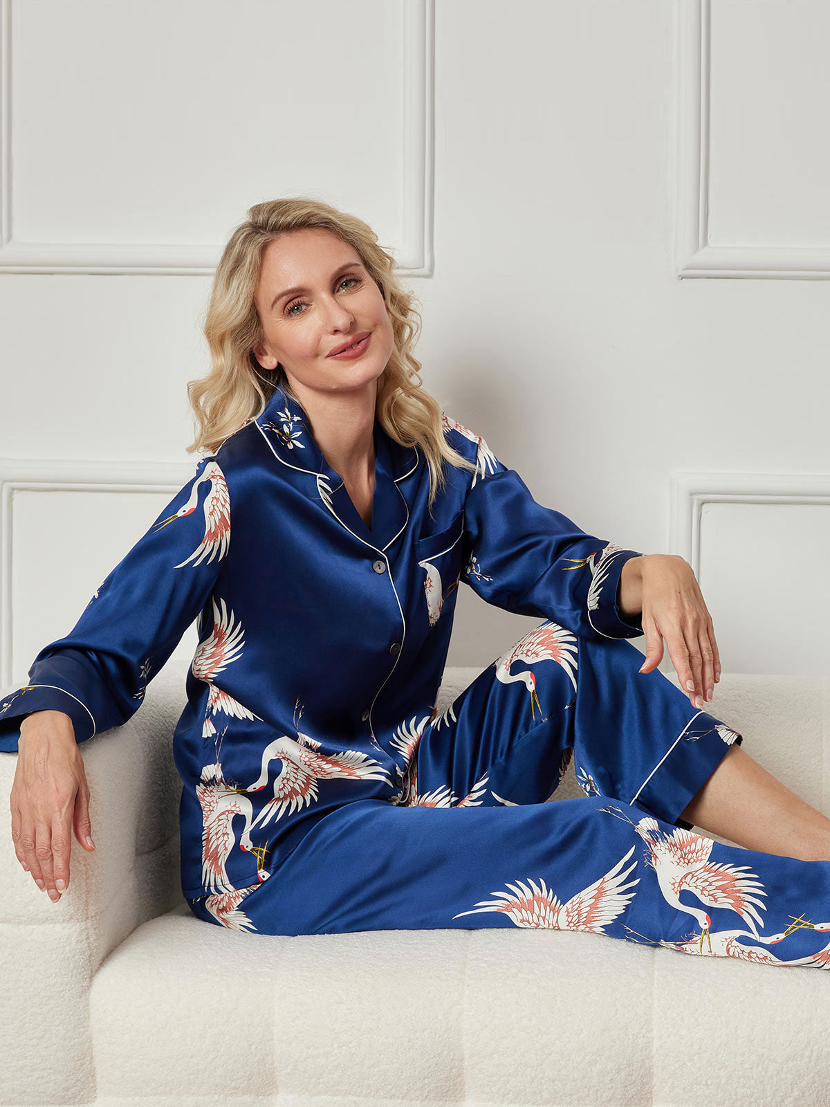 [Dark Blue] SilkSilky-UK 19Momme Pure Silk Long Sleeve Lapel Women's Pyjamas 006