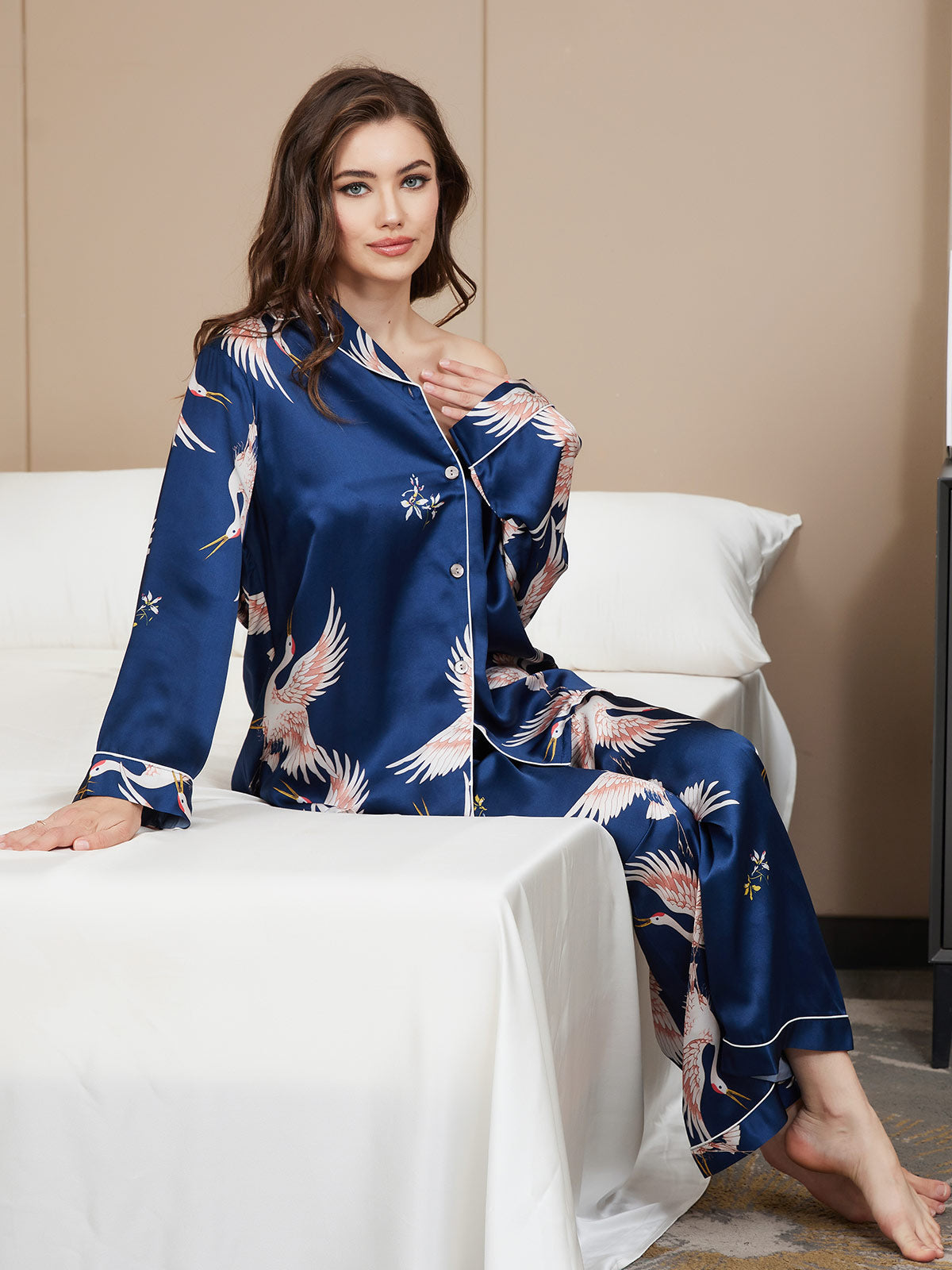 [Dark Blue] SilkSilky-UK 19Momme Pure Silk Long Sleeve Lapel Women's Pyjamas 006