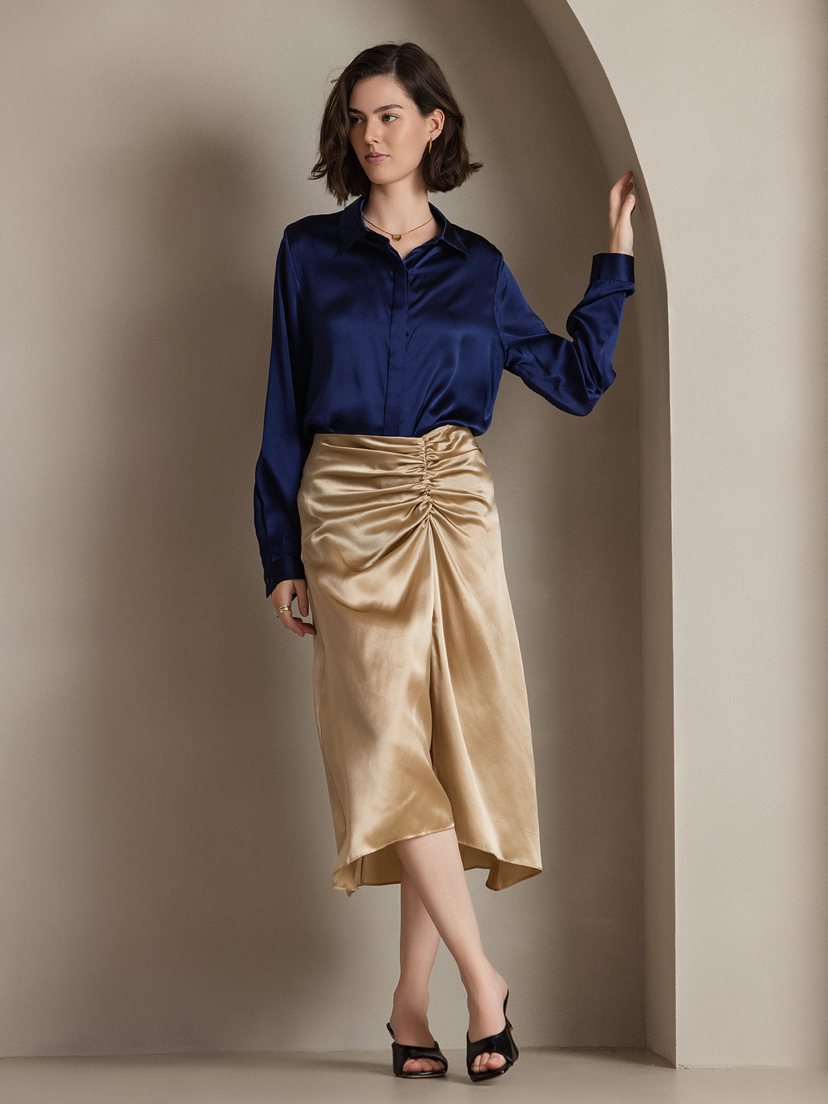 [Dark Blue] SilkSilky-UK 19Momme Silk Collar Women's Shirt 001