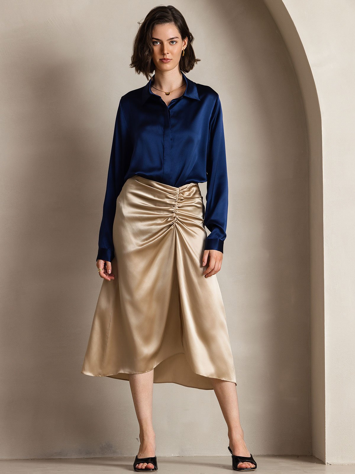 [Dark Blue] SilkSilky-UK 19Momme Silk Collar Women's Shirt 001