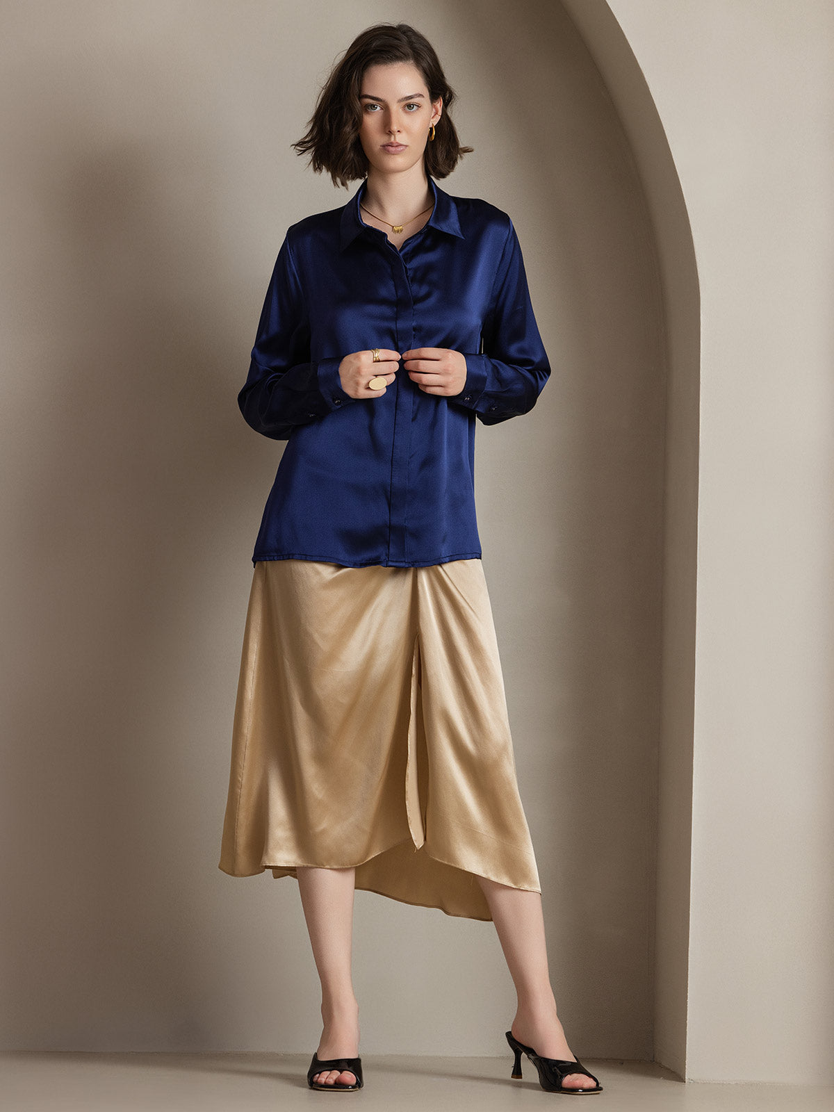 [Dark Blue] SilkSilky-UK 19Momme Silk Collar Women's Shirt 003