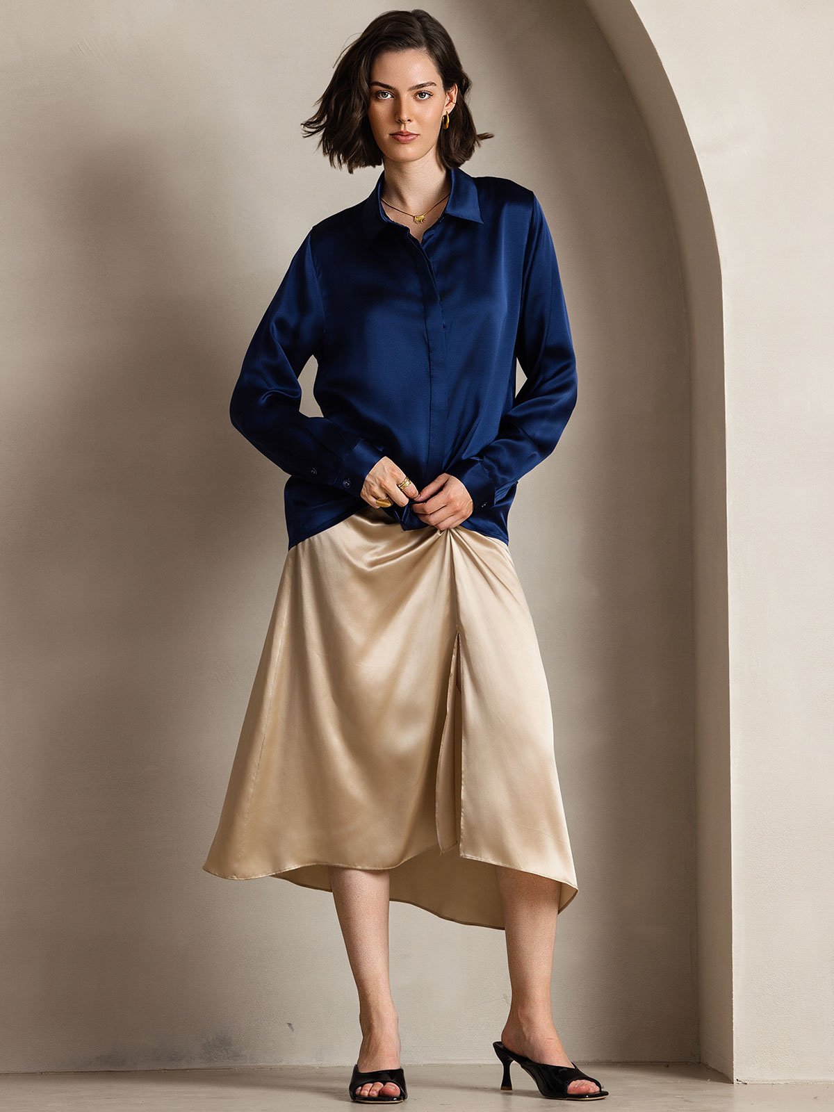 [Dark Blue] SilkSilky-UK 19Momme Silk Collar Women's Shirt 003