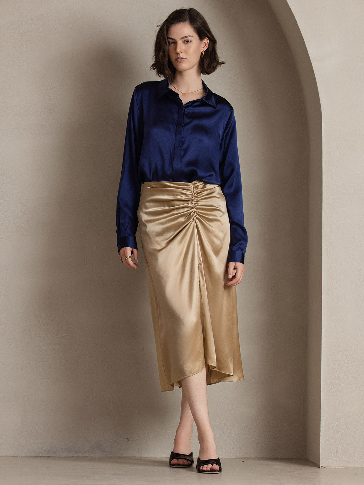 [Dark Blue] SilkSilky-UK 19Momme Silk Collar Women's Shirt 004