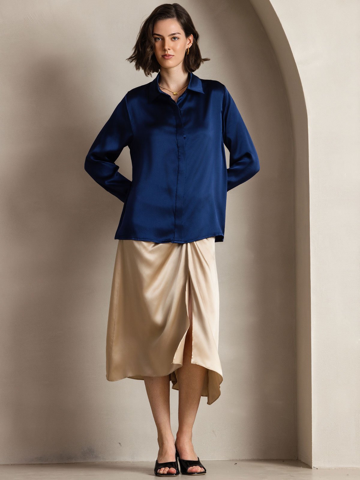 [Dark Blue] SilkSilky-UK 19Momme Silk Collar Women's Shirt 004