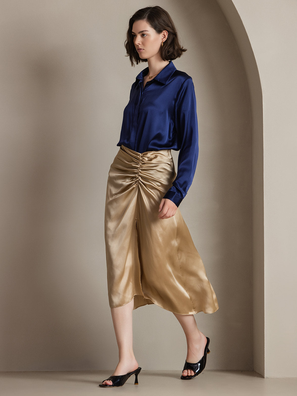 [Dark Blue] SilkSilky-UK 19Momme Silk Collar Women's Shirt 005