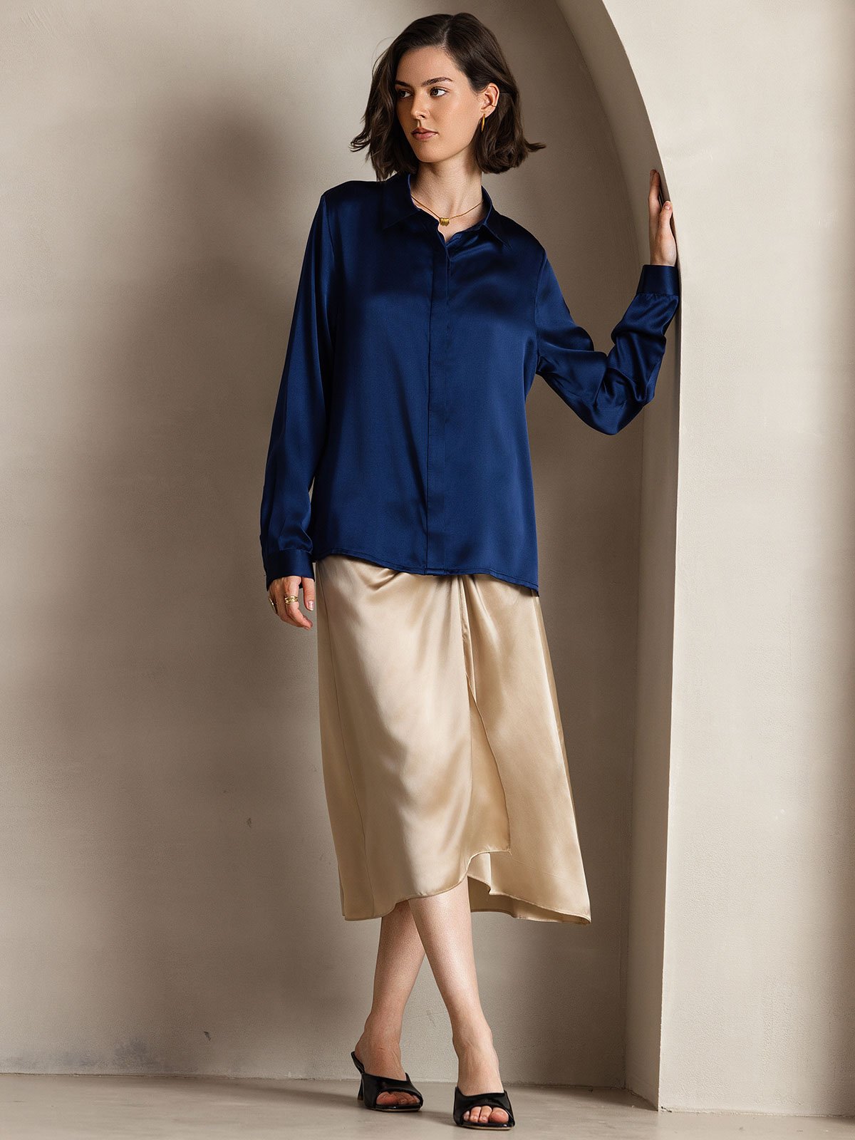 [Dark Blue] SilkSilky-UK 19Momme Silk Collar Women's Shirt 005