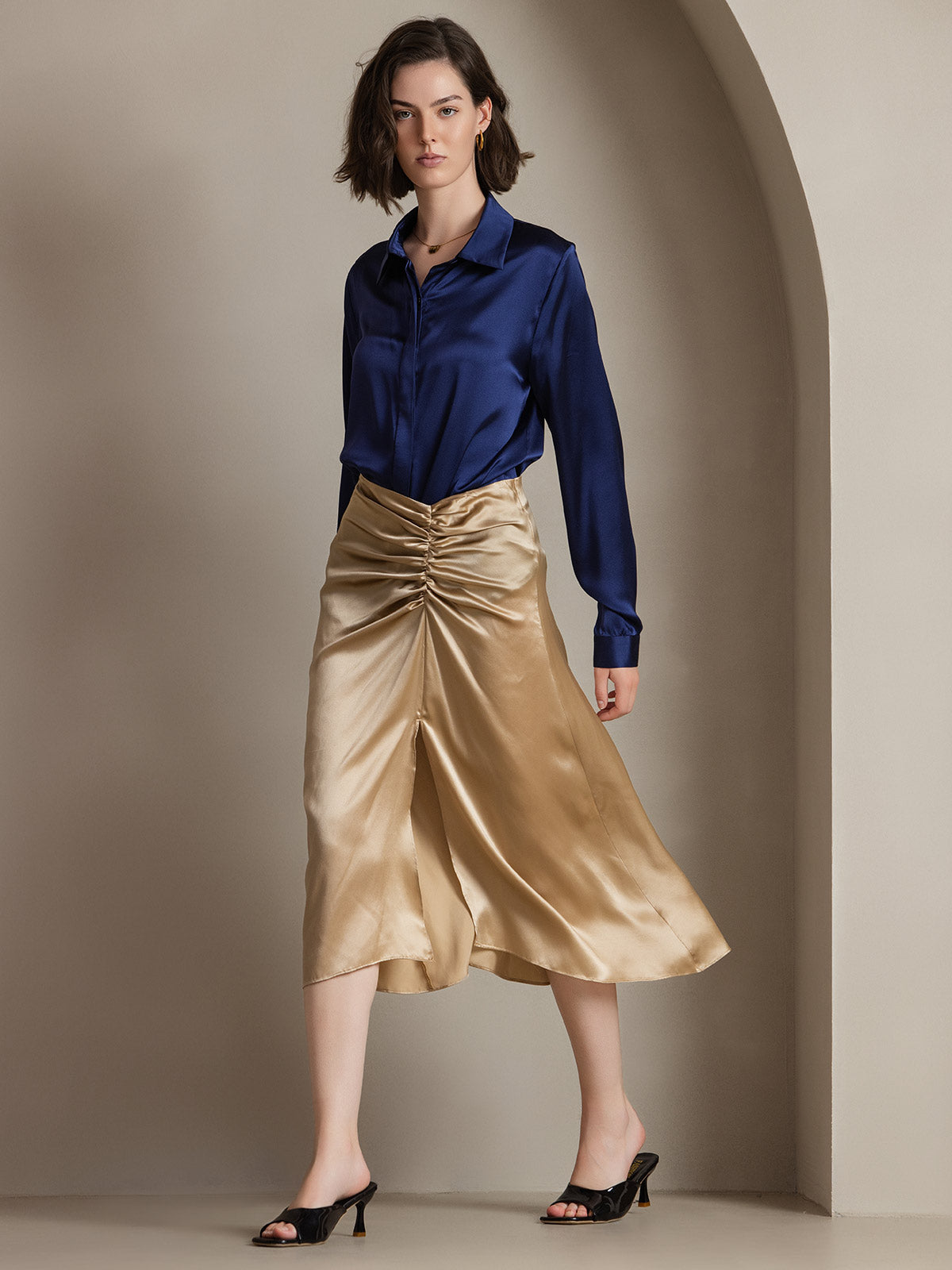 [Dark Blue] SilkSilky-UK 19Momme Silk Collar Women's Shirt 006