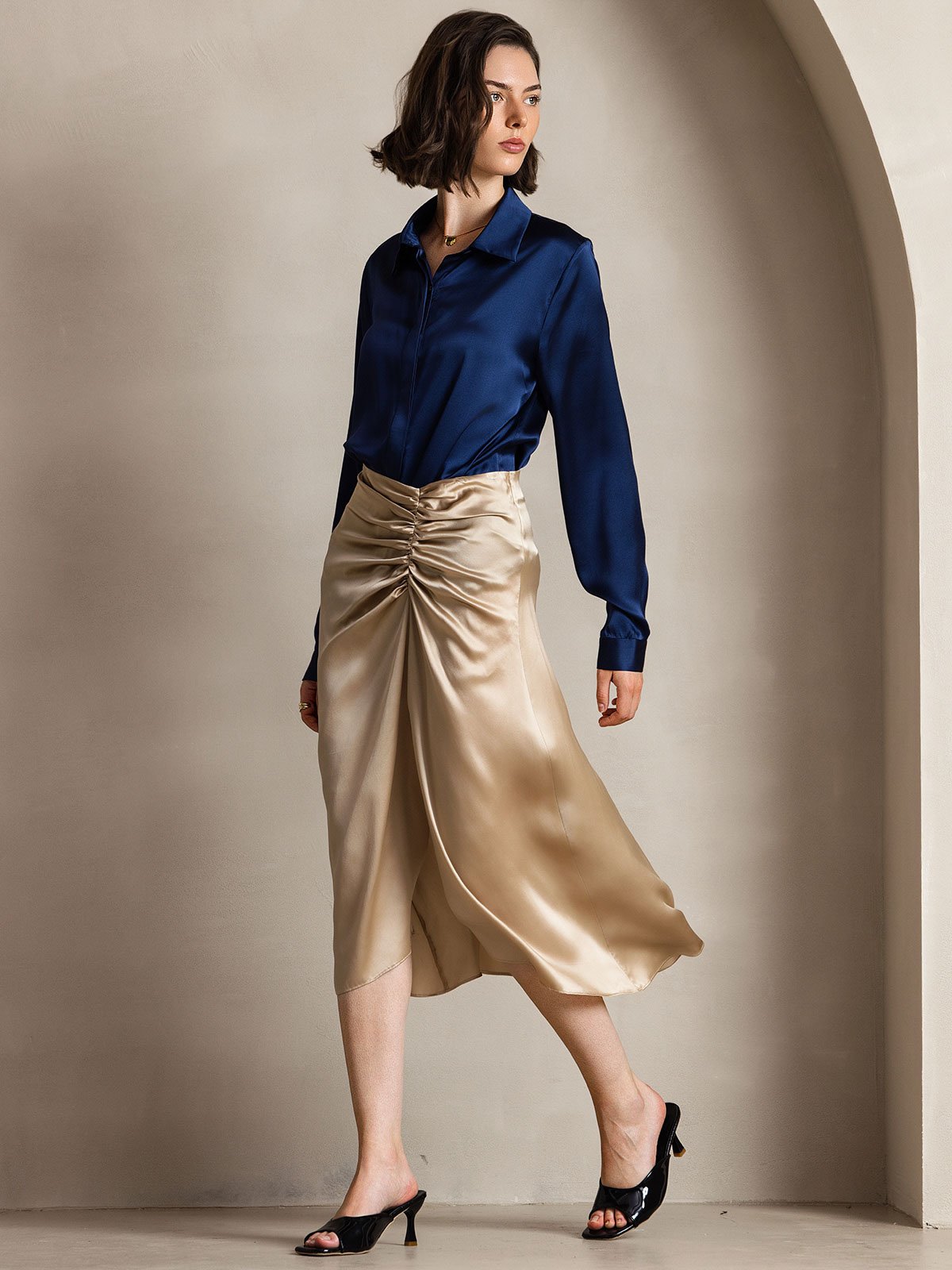 [Dark Blue] SilkSilky-UK 19Momme Silk Collar Women's Shirt 006