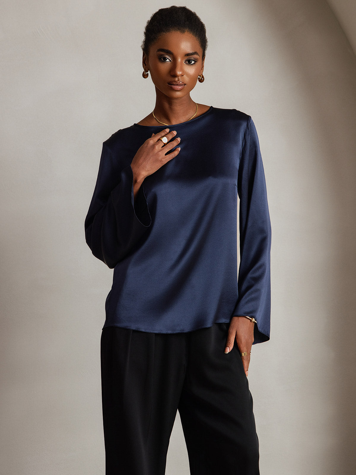 [Dark Blue] SilkSilky-UK 19Momme Silk Long Sleeve Round Neck Women's T-Shirt 003