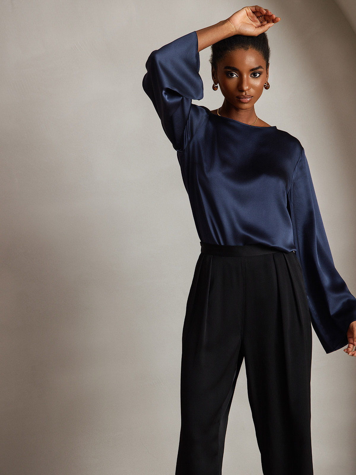 [Dark Blue] SilkSilky-UK 19Momme Silk Long Sleeve Round Neck Women's T-Shirt 005
