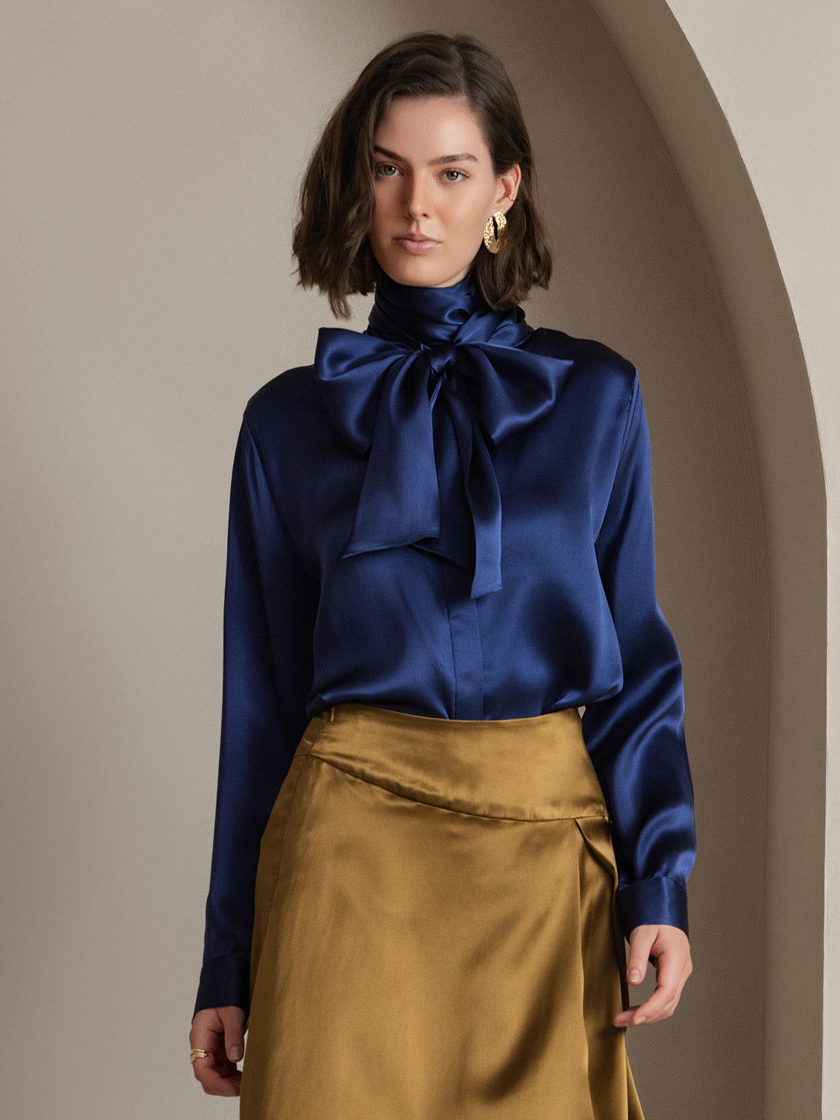 [Dark Blue] SilkSilky-UK 19Momme Silk Long Sleeve Tie Neck Women's Shirt 001