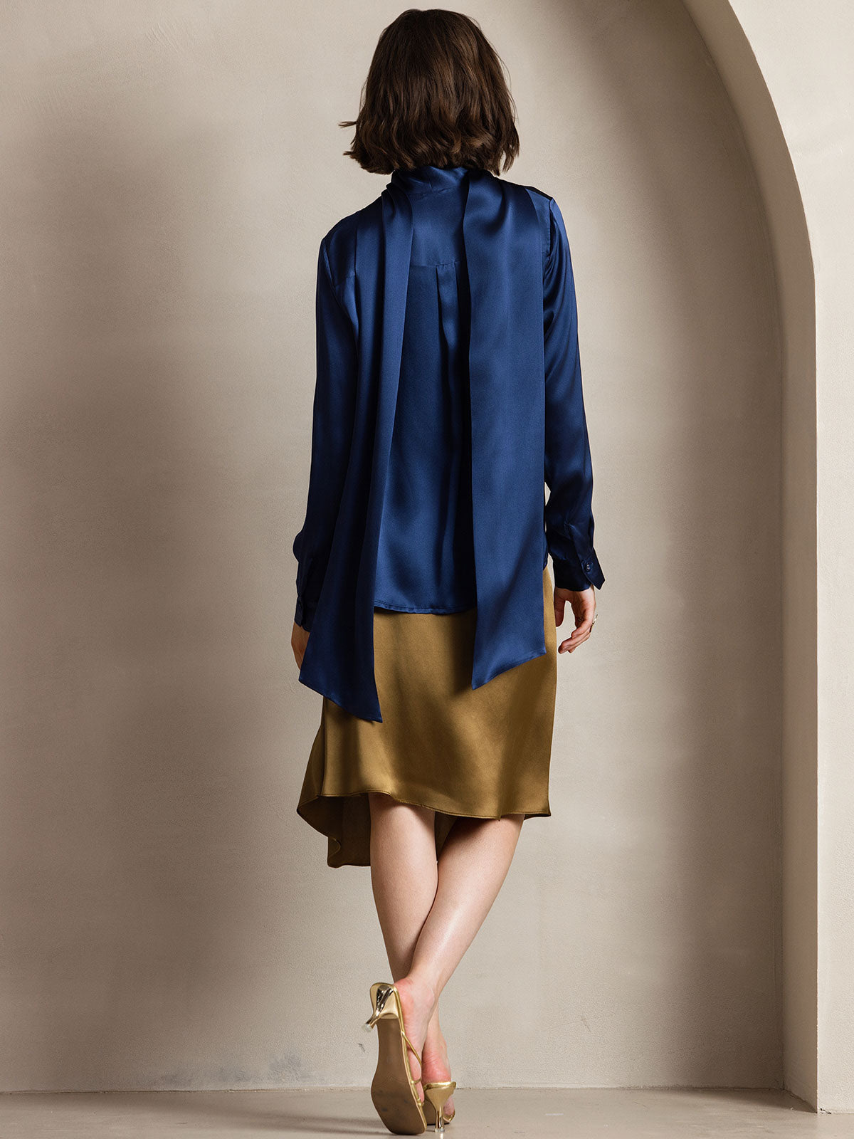 [Dark Blue] SilkSilky-UK 19Momme Silk Long Sleeve Tie Neck Women's Shirt 002