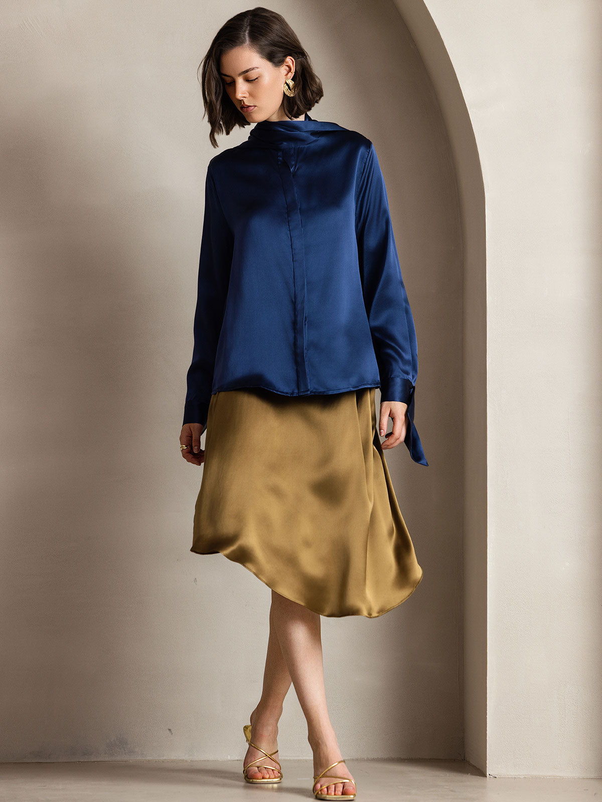 [Dark Blue] SilkSilky-UK 19Momme Silk Long Sleeve Tie Neck Women's Shirt 003