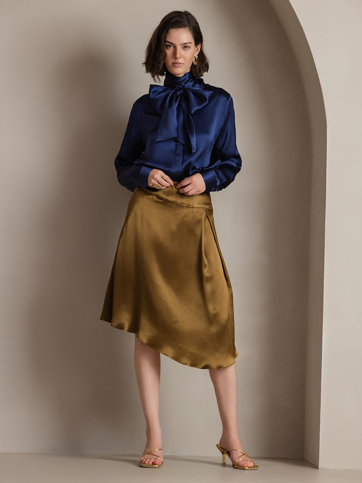 [Dark Blue] SilkSilky-UK 19Momme Silk Long Sleeve Tie Neck Women's Shirt 003