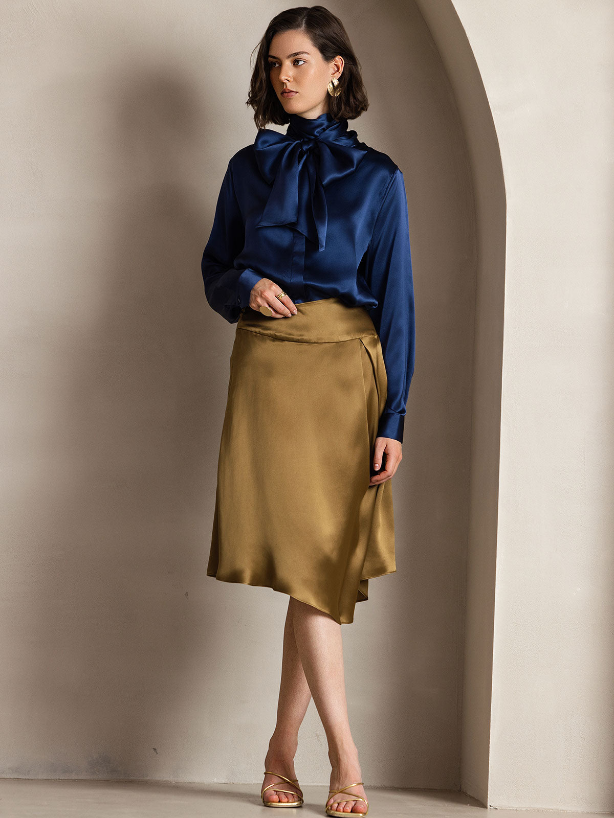 [Dark Blue] SilkSilky-UK 19Momme Silk Long Sleeve Tie Neck Women's Shirt 005