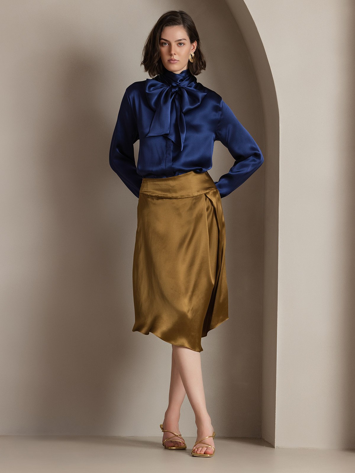 [Dark Blue] SilkSilky-UK 19Momme Silk Long Sleeve Tie Neck Women's Shirt 005