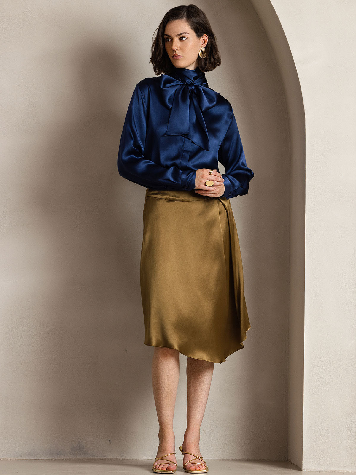 [Dark Blue] SilkSilky-UK 19Momme Silk Long Sleeve Tie Neck Women's Shirt 006