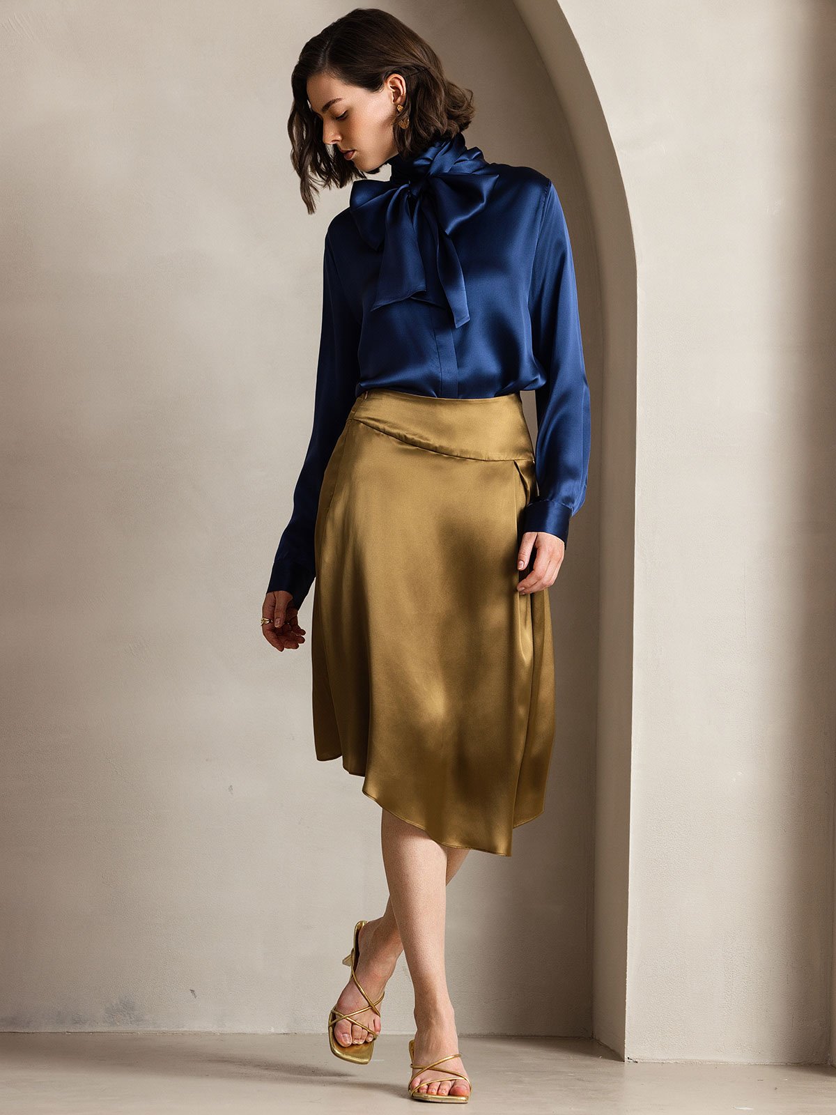 [Dark Blue] SilkSilky-UK 19Momme Silk Long Sleeve Tie Neck Women's Shirt 006