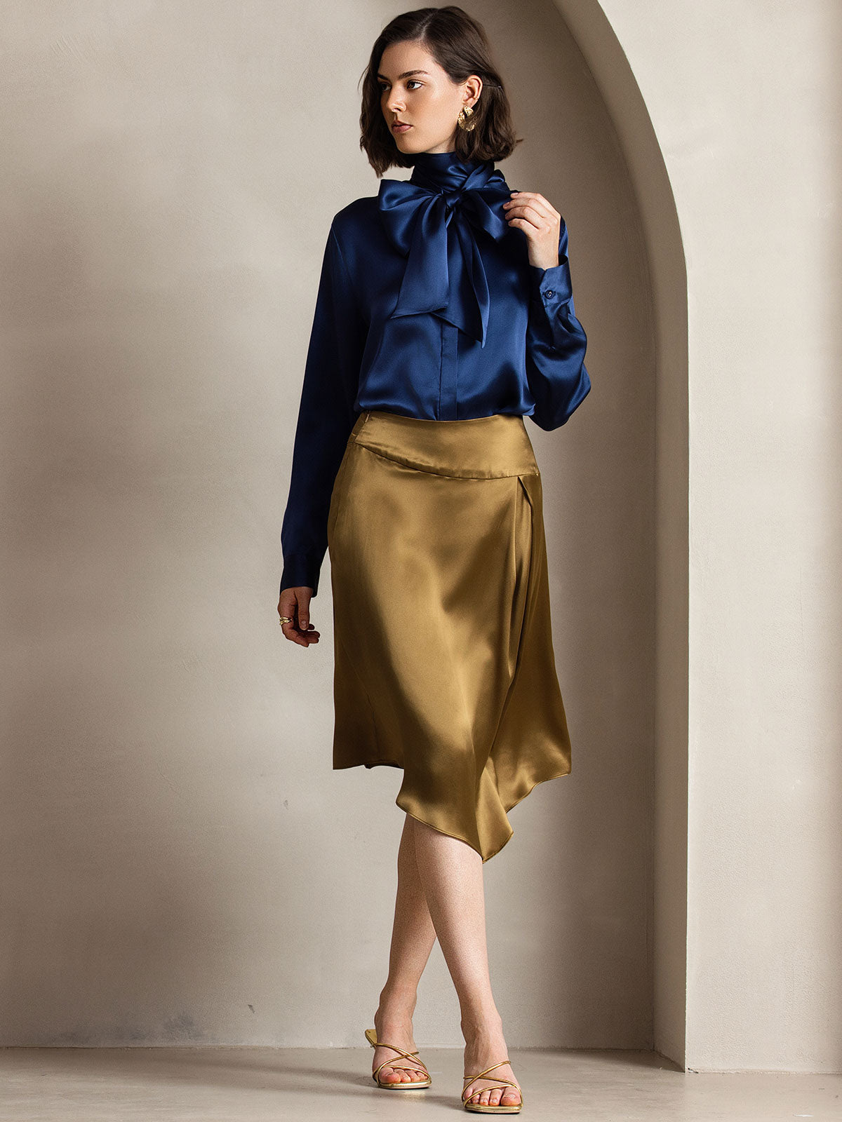 [Dark Blue] SilkSilky-UK 19Momme Silk Long Sleeve Tie Neck Women's Shirt 007
