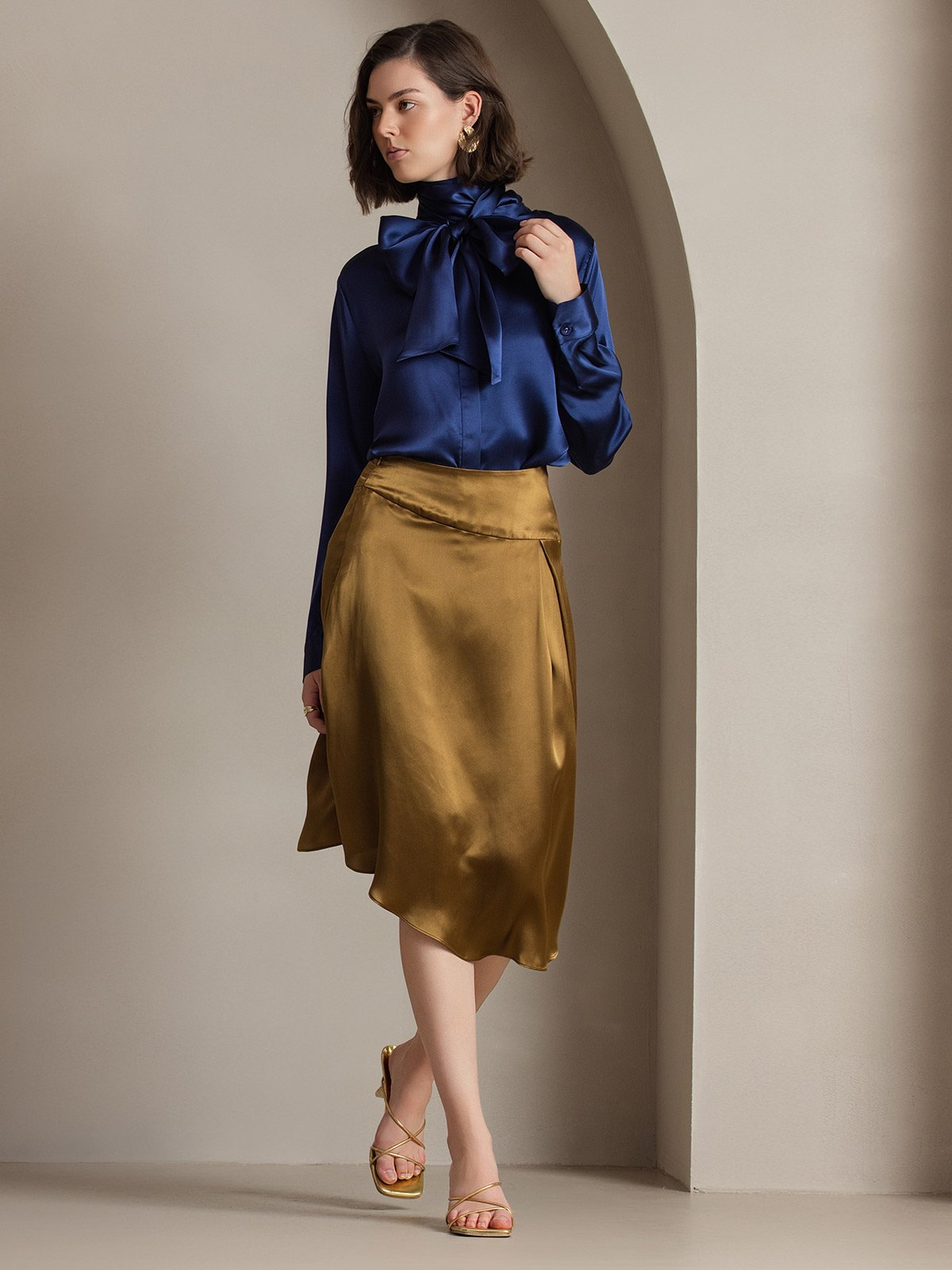 [Dark Blue] SilkSilky-UK 19Momme Silk Long Sleeve Tie Neck Women's Shirt 007