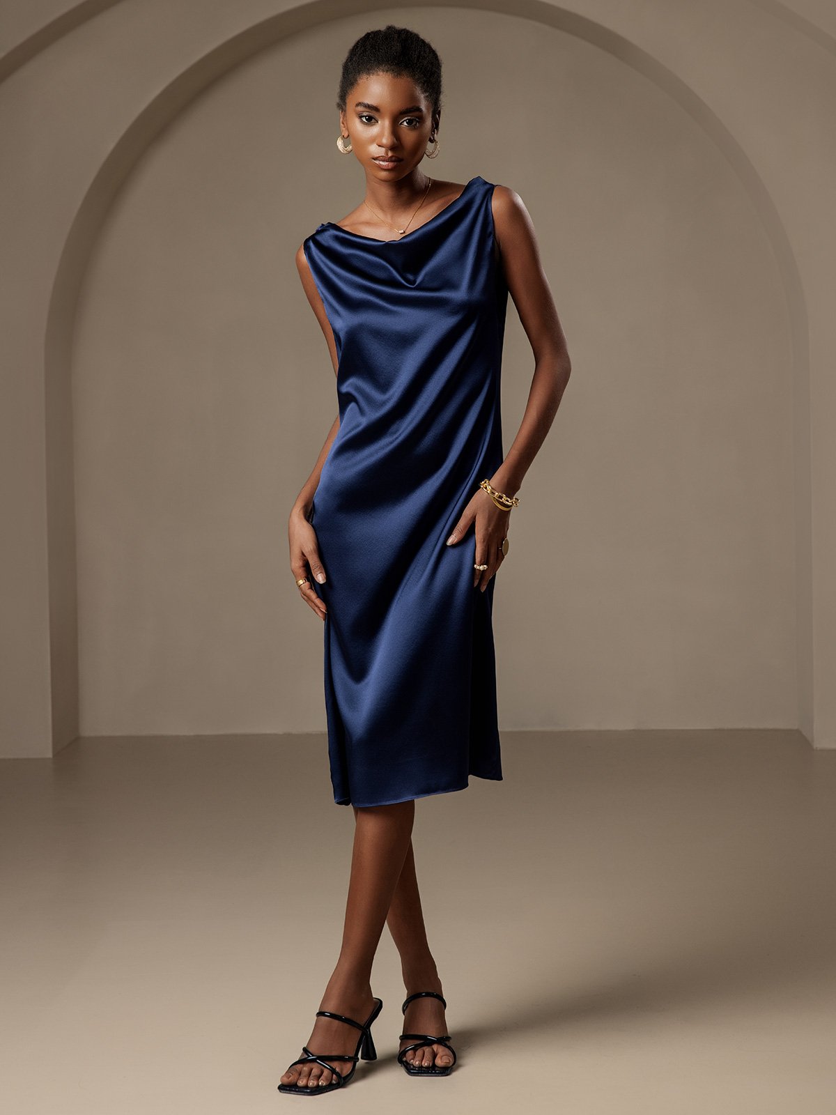 [Dark Blue] SilkSilky-UK 19Momme Silk Sleeveless Cowl Neck Dress 001