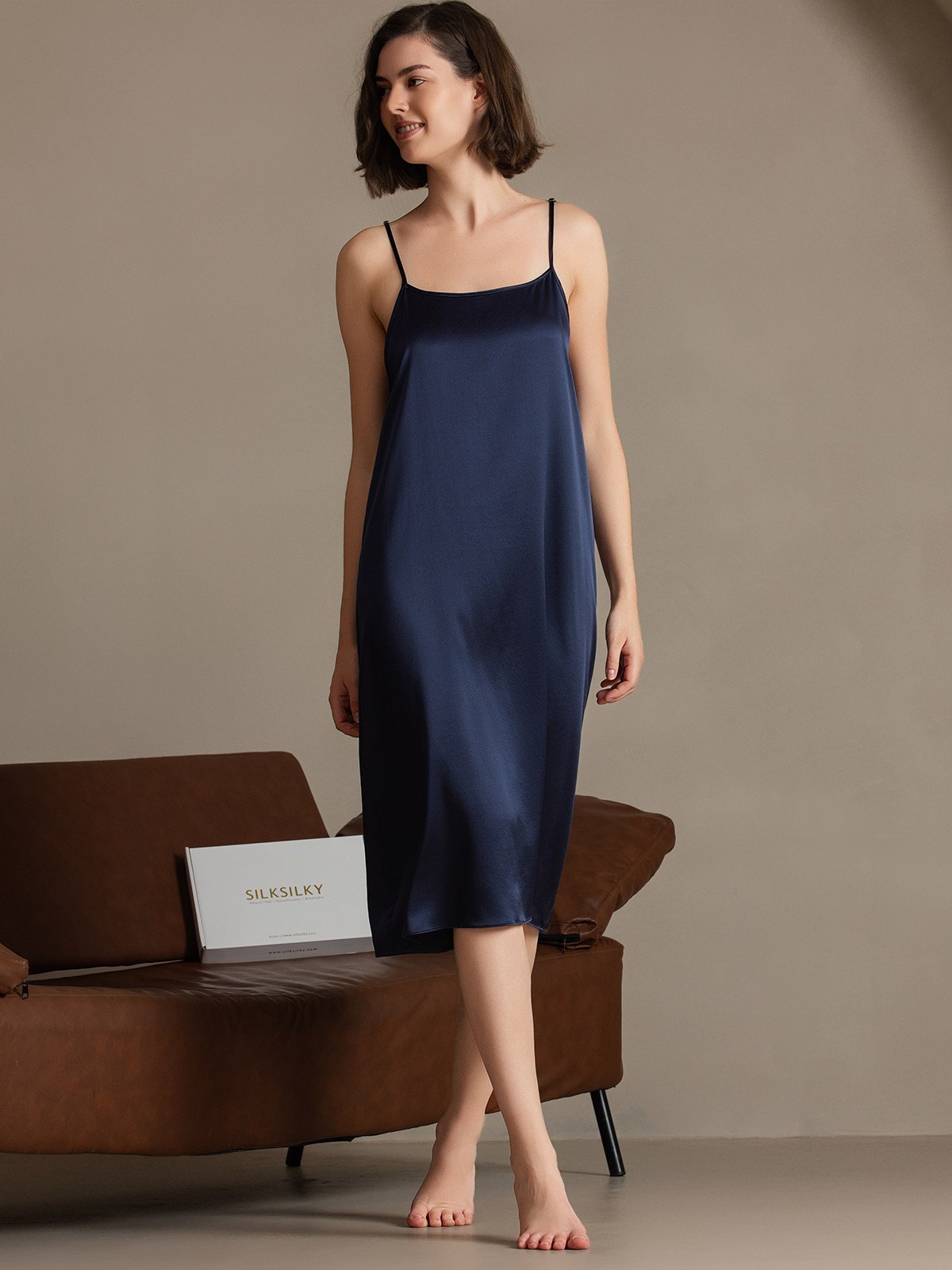 [Dark Blue] SilkSilky-UK 19Momme Silk Sleeveless Dress 007