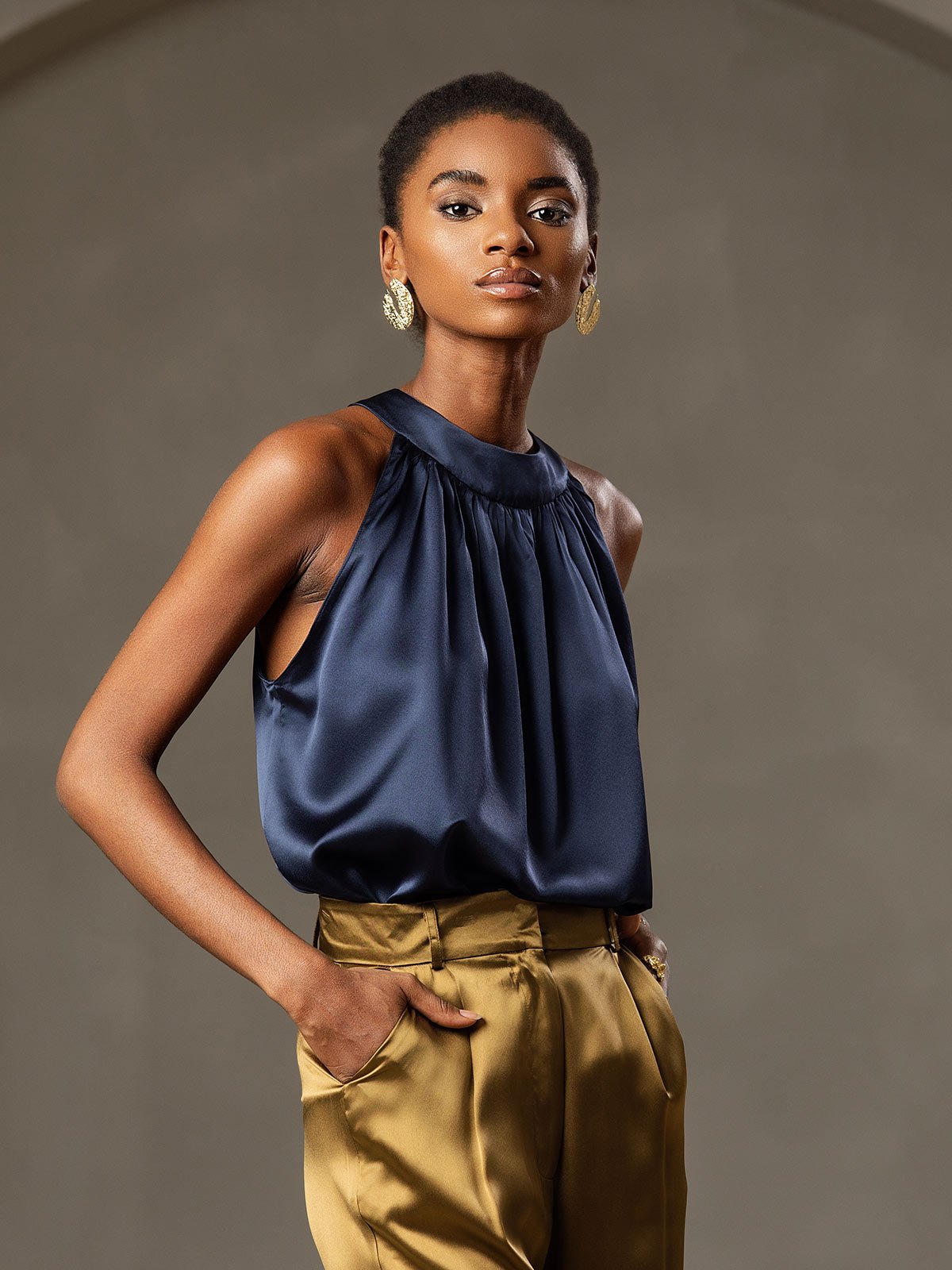 [Dark Blue] SilkSilky-UK 19Momme Silk Sleeveless Womens T-Shirt 004
