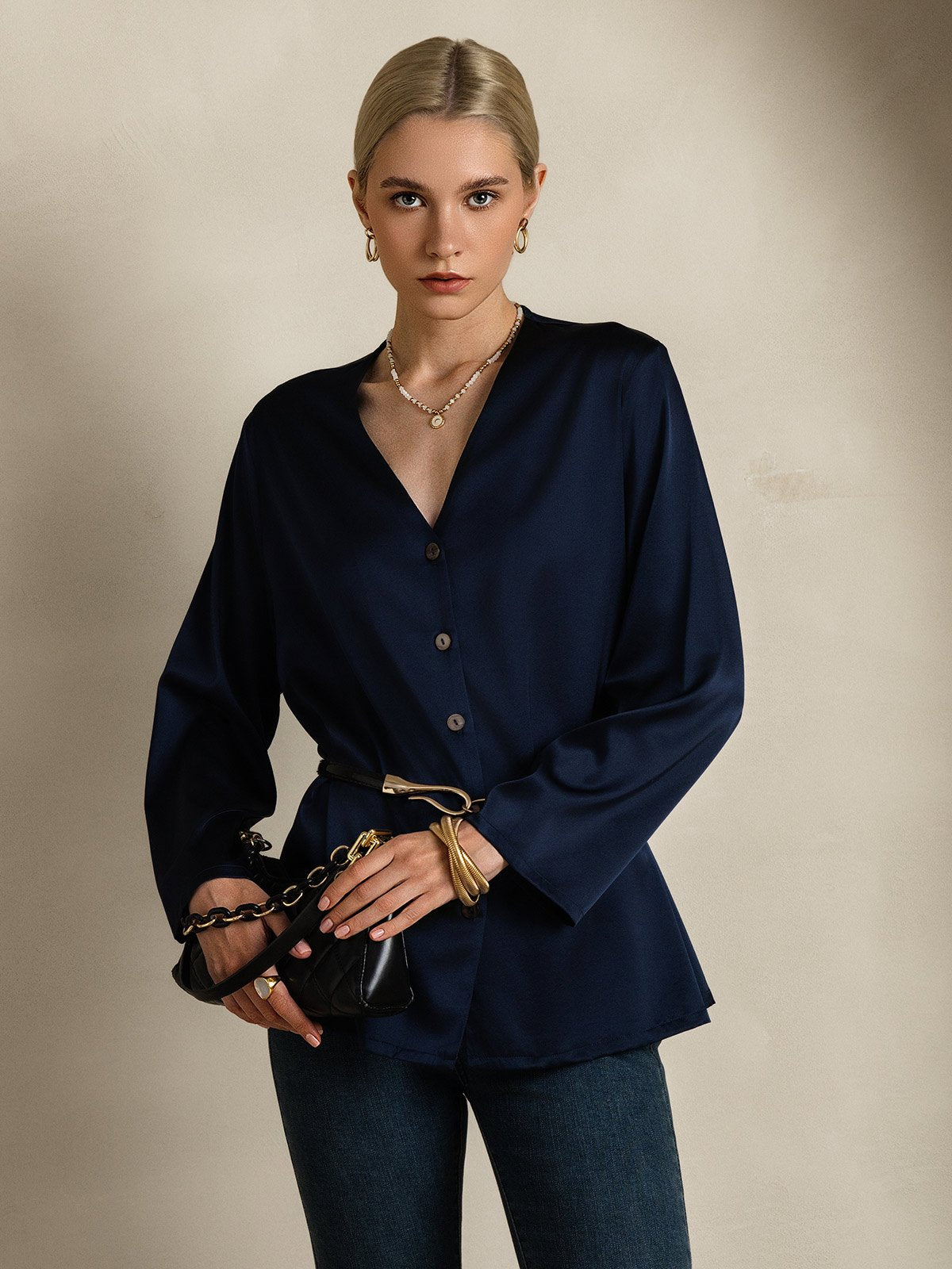 [Dark Blue] SilkSilky-UK 19Momme Silk V Neck Women's Shirt 001