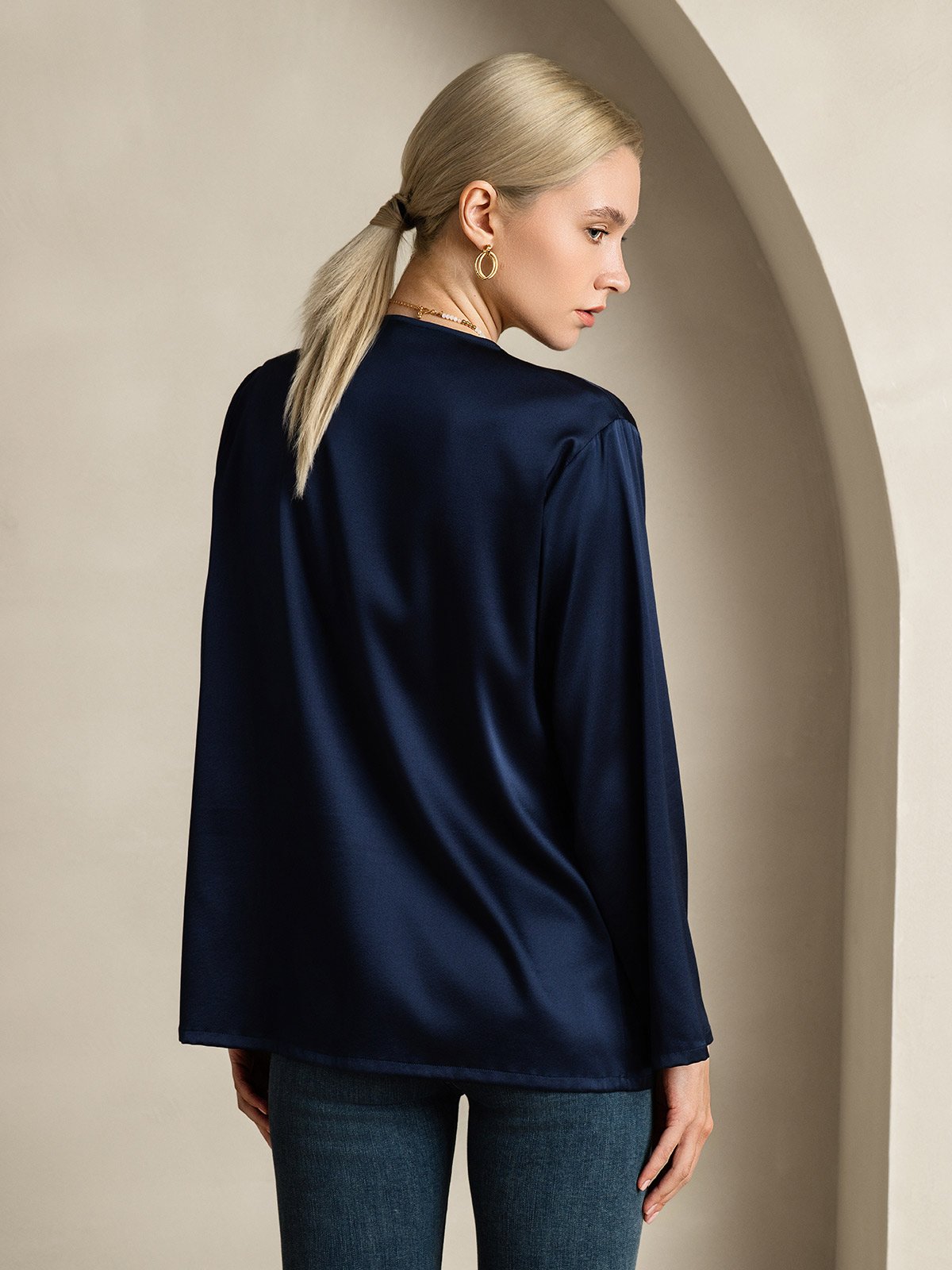 [Dark Blue] SilkSilky-UK 19Momme Silk V Neck Women's Shirt 002