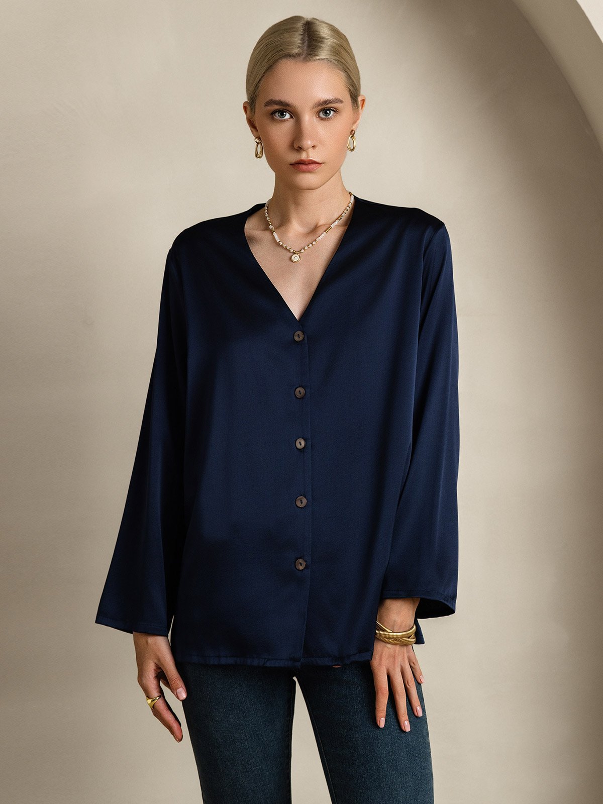 [Dark Blue] SilkSilky-UK 19Momme Silk V Neck Women's Shirt 003