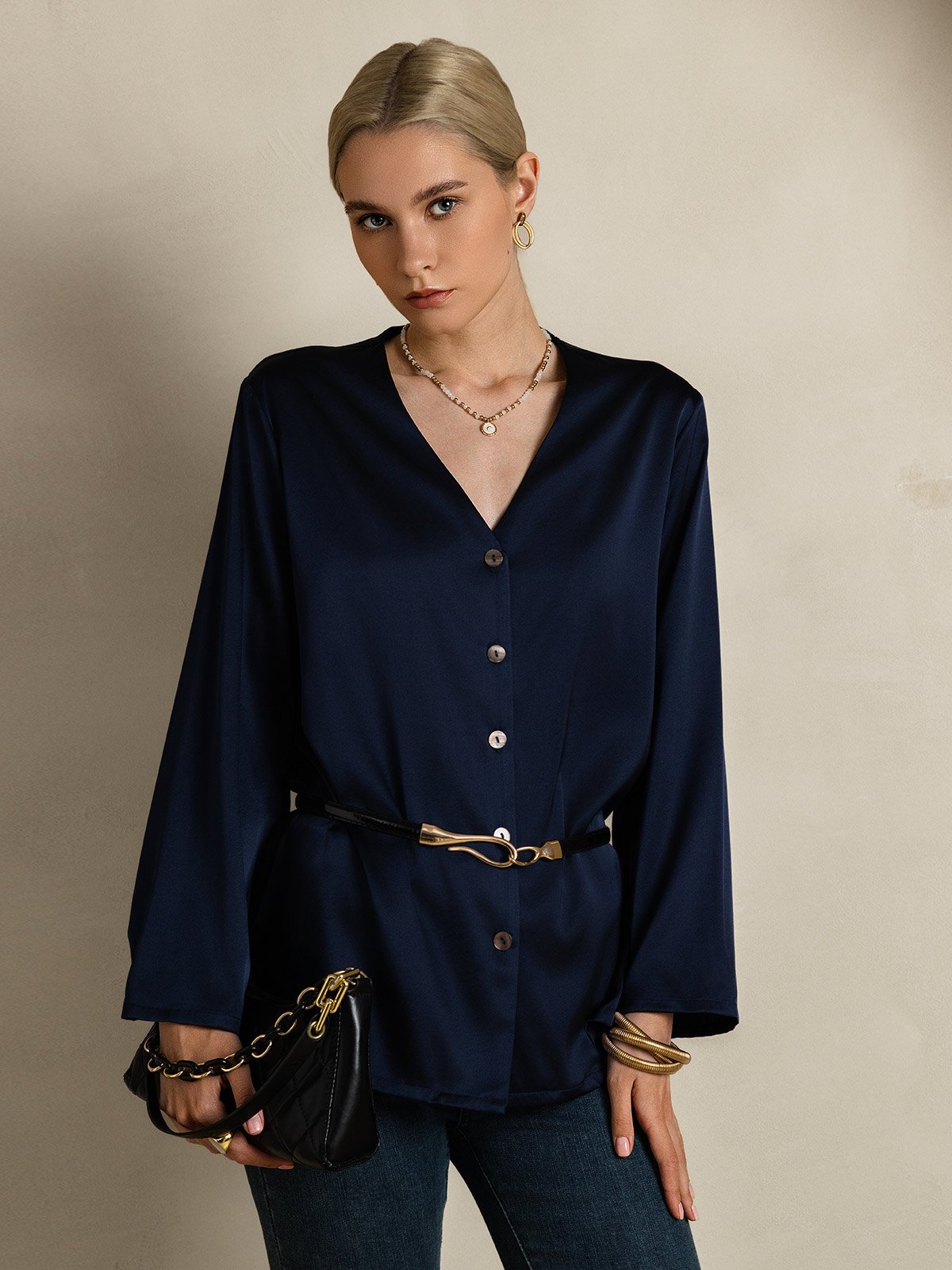 [Dark Blue] SilkSilky-UK 19Momme Silk V Neck Women's Shirt 004