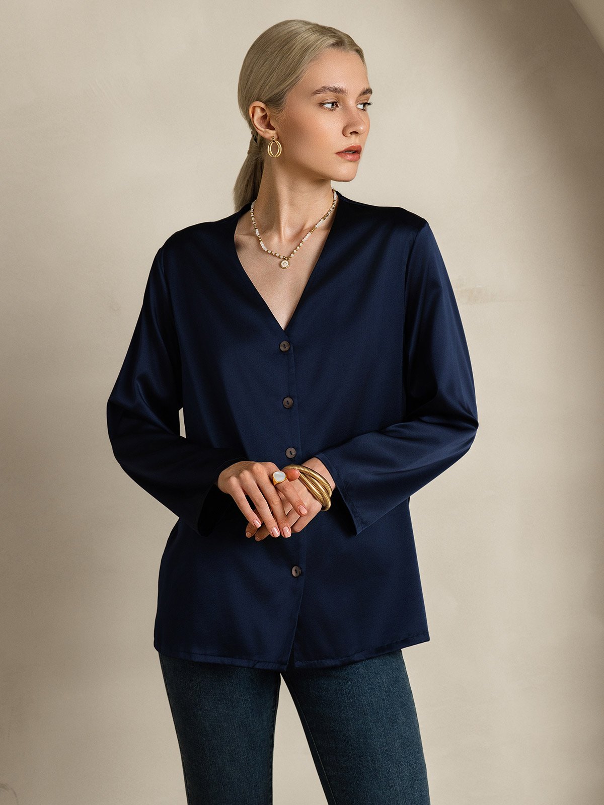 [Dark Blue] SilkSilky-UK 19Momme Silk V Neck Women's Shirt 005