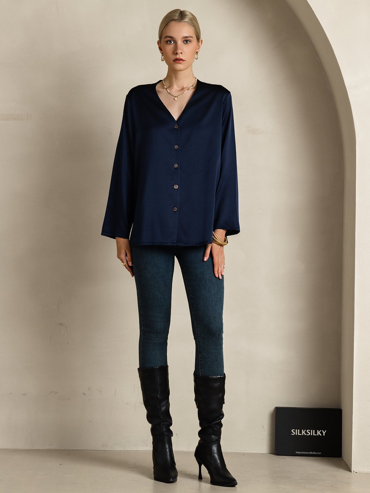 [Dark Blue] SilkSilky-UK 19Momme Silk V Neck Women's Shirt 006