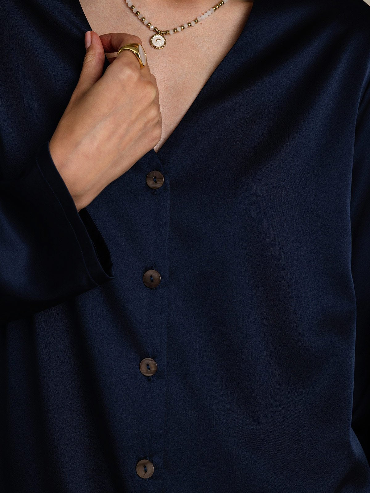 [Dark Blue] SilkSilky-UK 19Momme Silk V Neck Women's Shirt 007