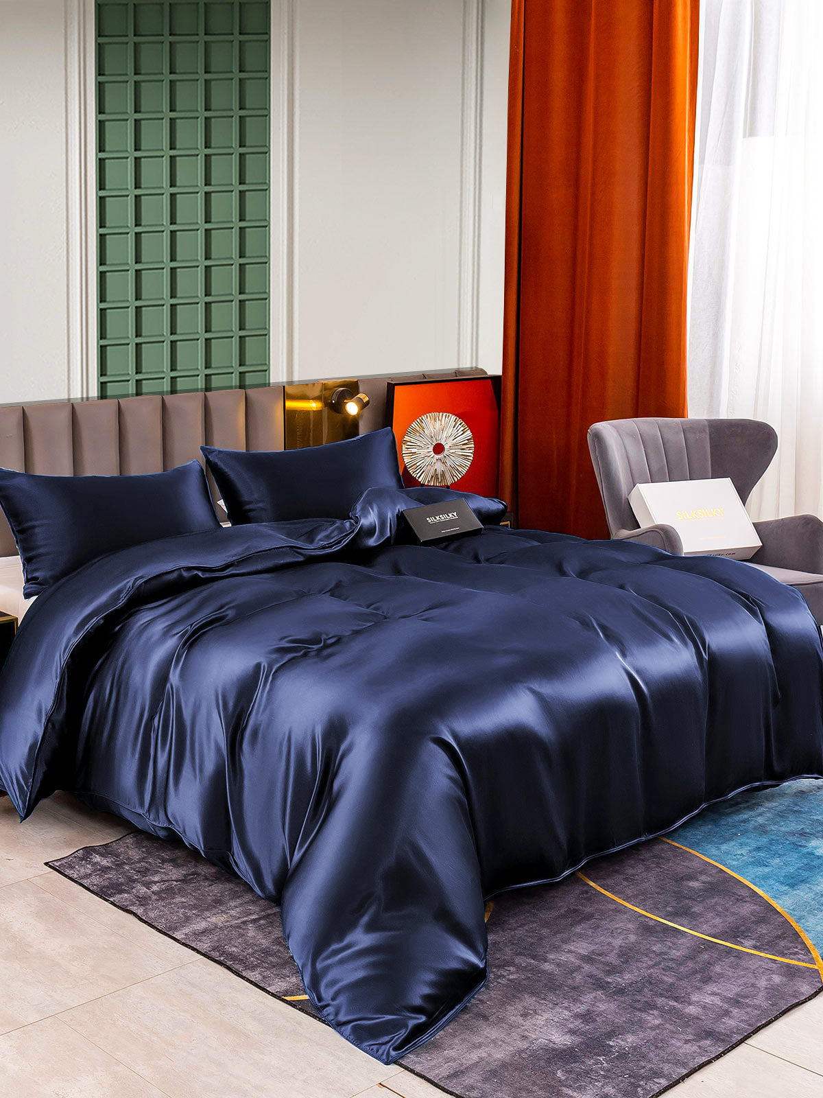 [Dark Blue] SilkSilky-UK 25Momme Pure Silk Bedding Set 001