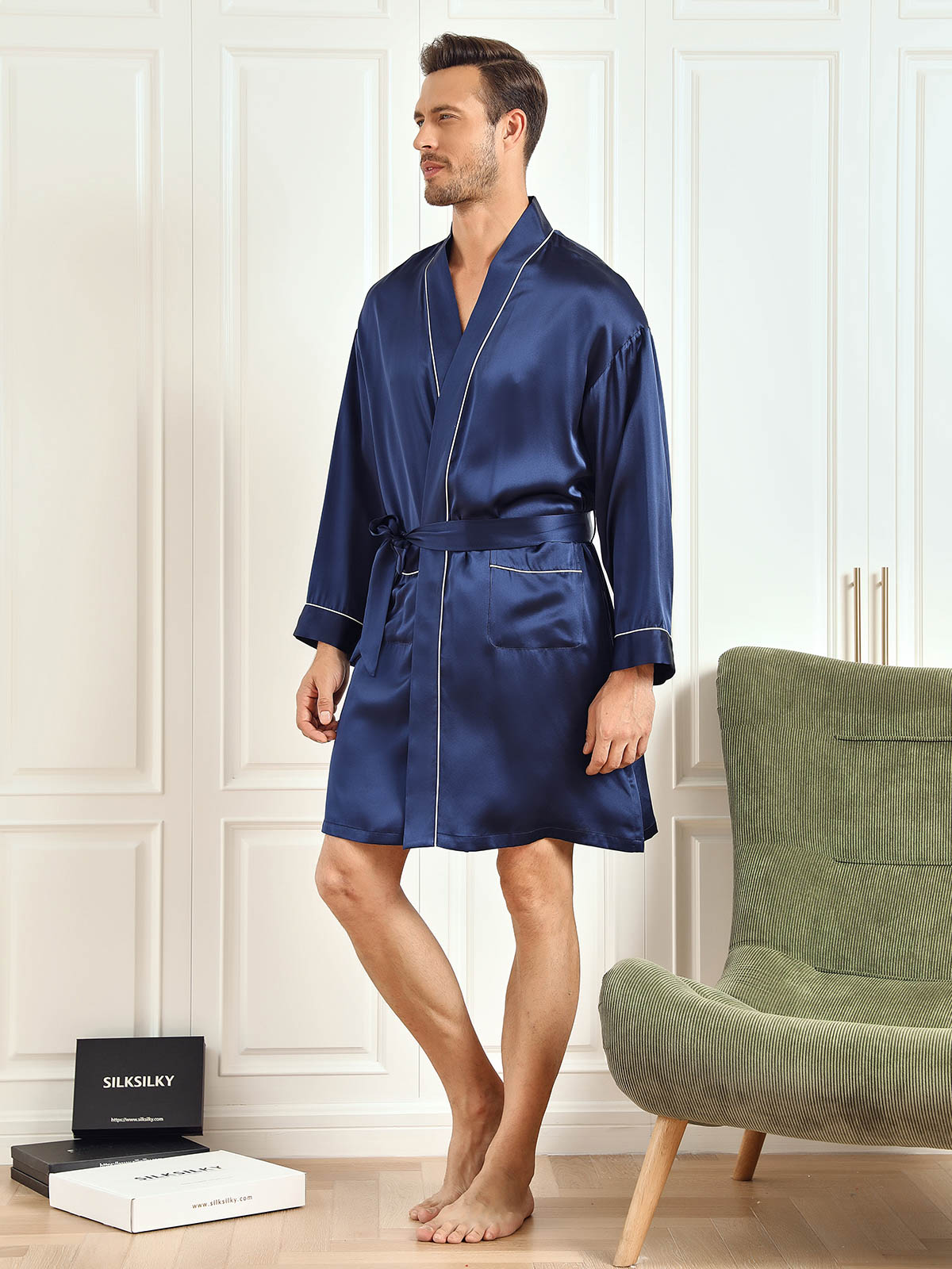 [Dark Blue] SilkSilky-UK Pure Silk 3/4 Sleeve Mens Robe 003