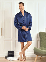 [Dark Blue] SilkSilky-UK Pure Silk 3/4 Sleeve Mens Robe 005