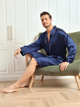 [Dark Blue] SilkSilky-UK Pure Silk 3/4 Sleeve Mens Robe 006
