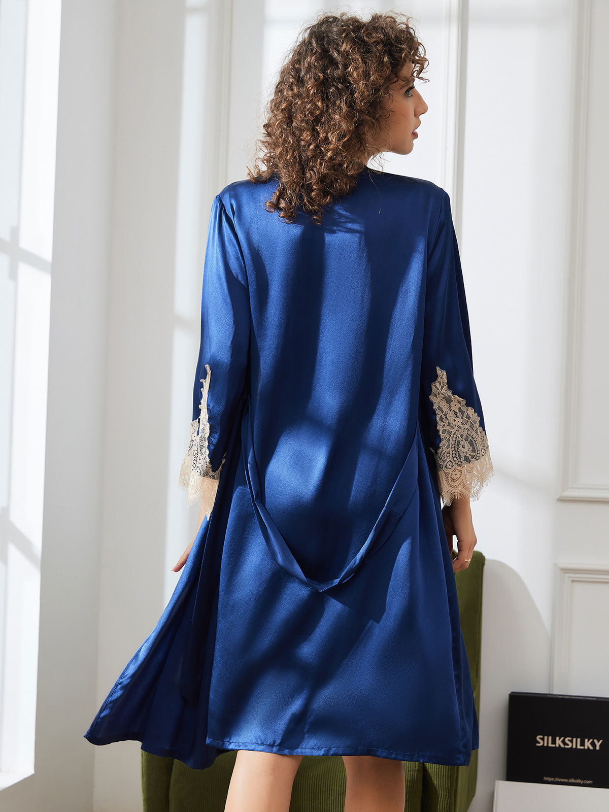 [Dark Blue] SilkSilky-UK Pure Silk 3/4 Sleeve Nightgown&Robe Set 002