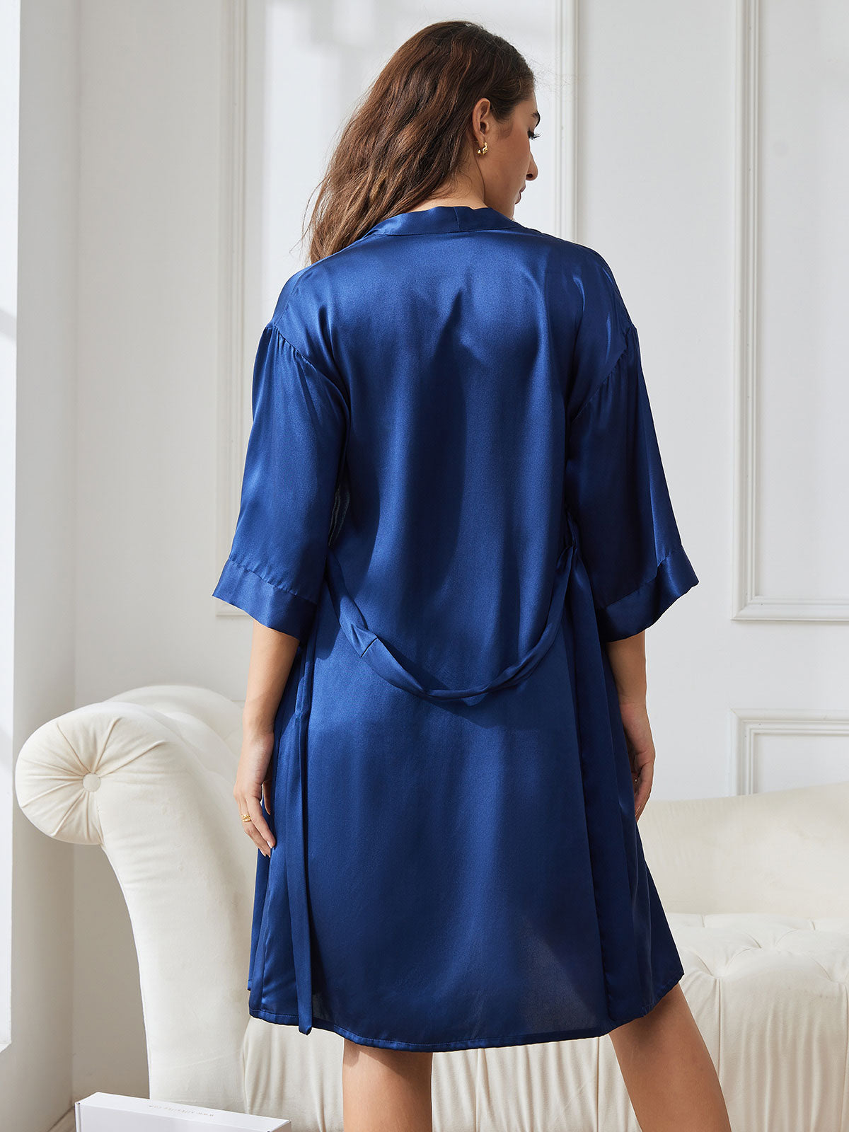 [Dark Blue] SilkSilky-UK Pure Silk 3/4 Sleeve Nightgown&Robe Set 002