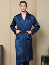 [Dark Blue] SilkSilky-UK Pure Silk Long Sleeve Lapel Men's Dressing Gown 001