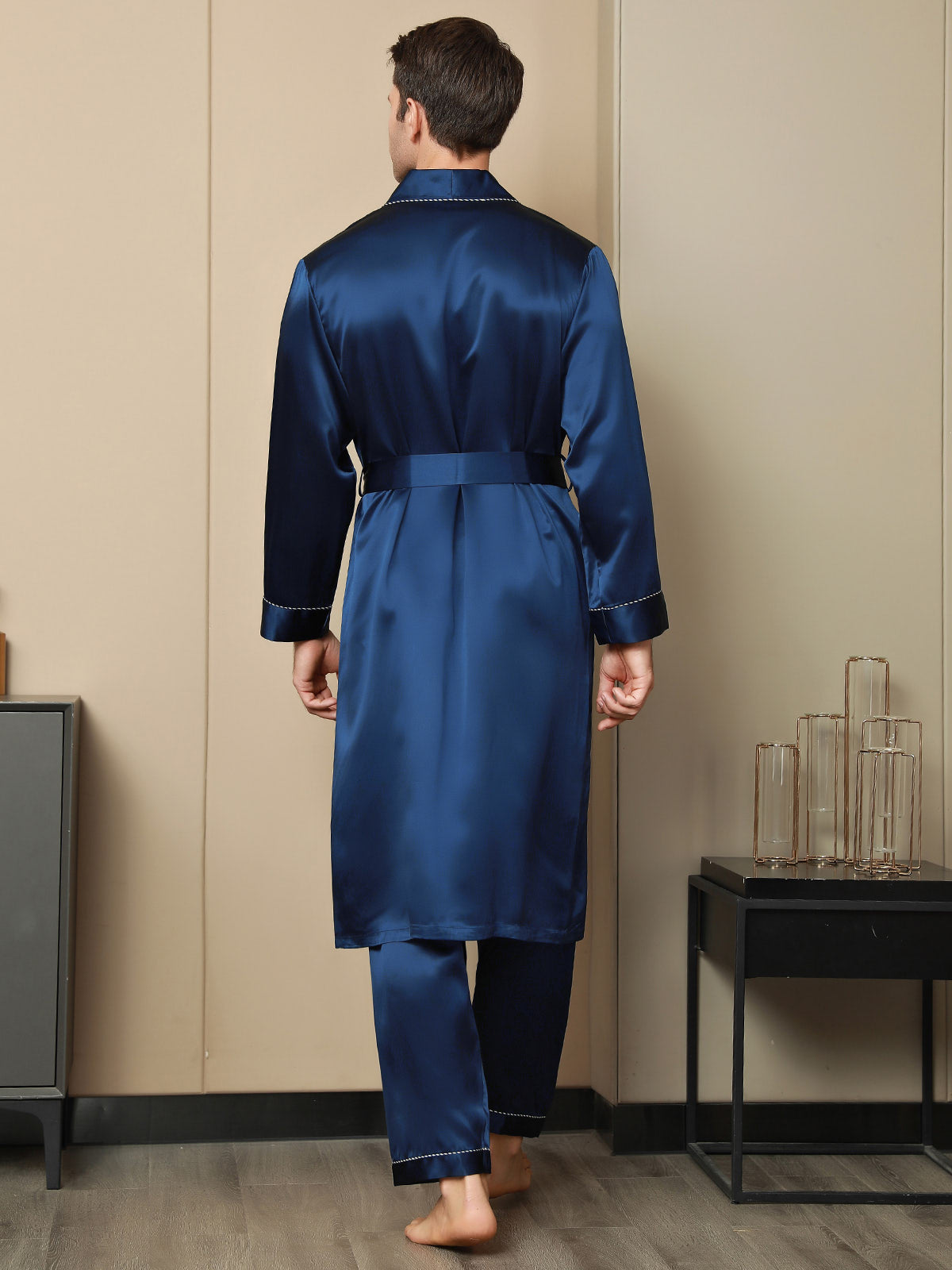 [Dark Blue] SilkSilky-UK Pure Silk Long Sleeve Lapel Men's Dressing Gown 002
