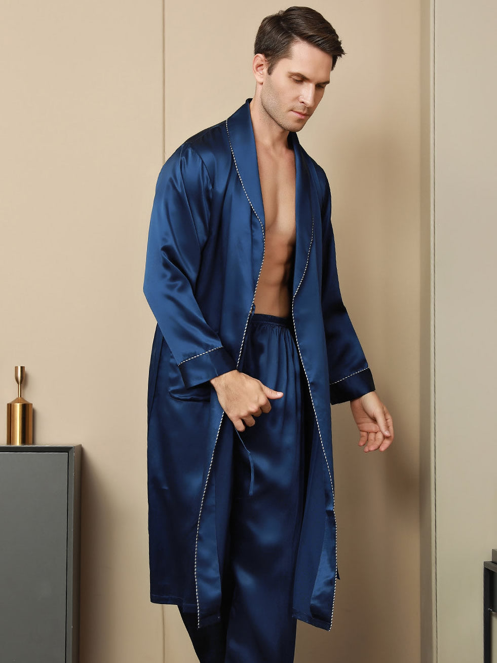 [Dark Blue] SilkSilky-UK Pure Silk Long Sleeve Lapel Men's Dressing Gown 003